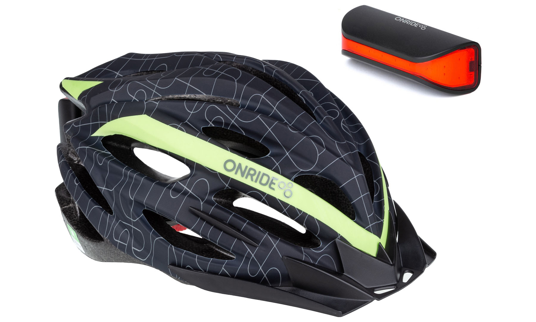 Фотография Шлем ONRIDE Grip черный/зеленый M (55-58 см) + Мигалка ONRIDE Slit