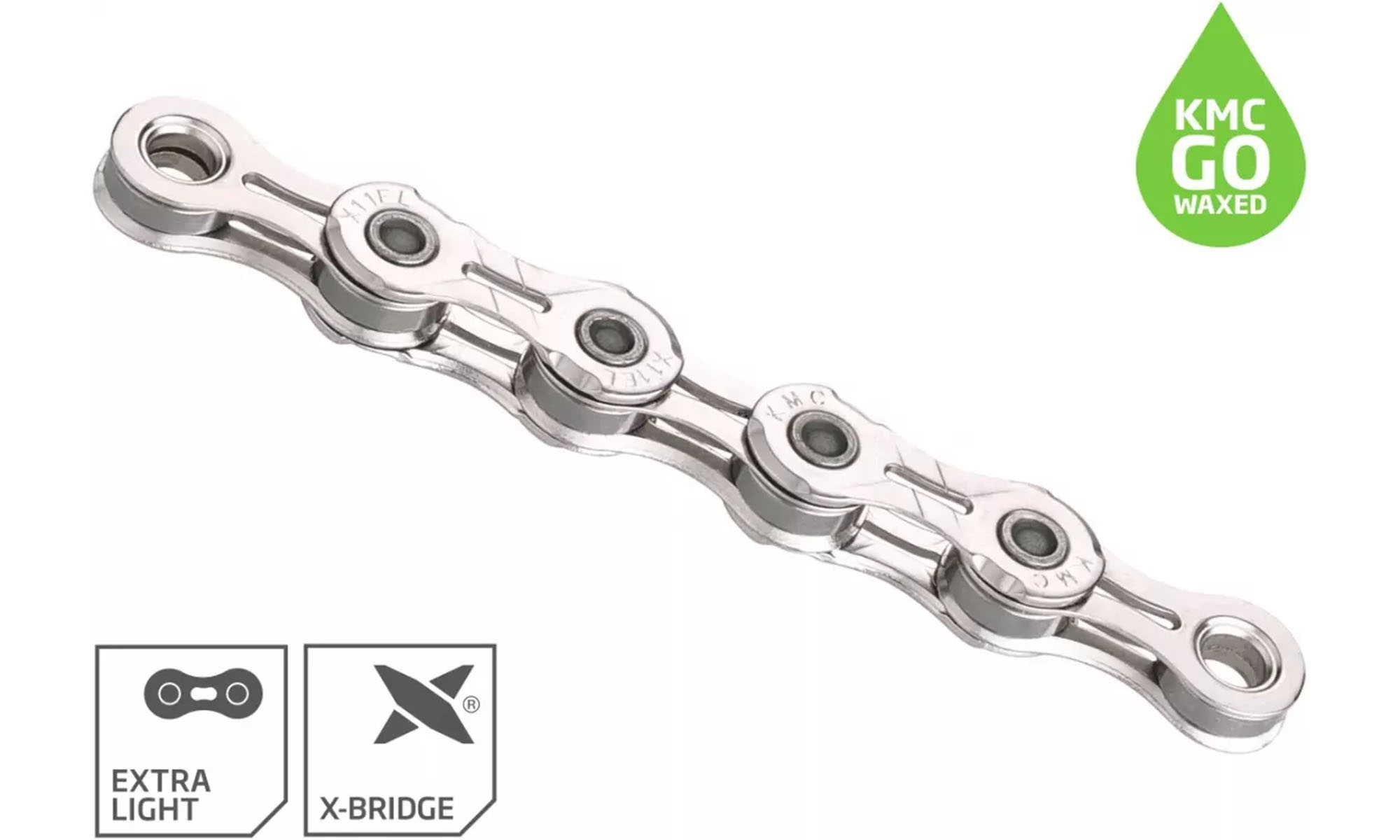 Цепь KMC X11EL NPNP Waxed Chain, 118 зв. 1/2"x11/128, (облегченная), silver/silver 