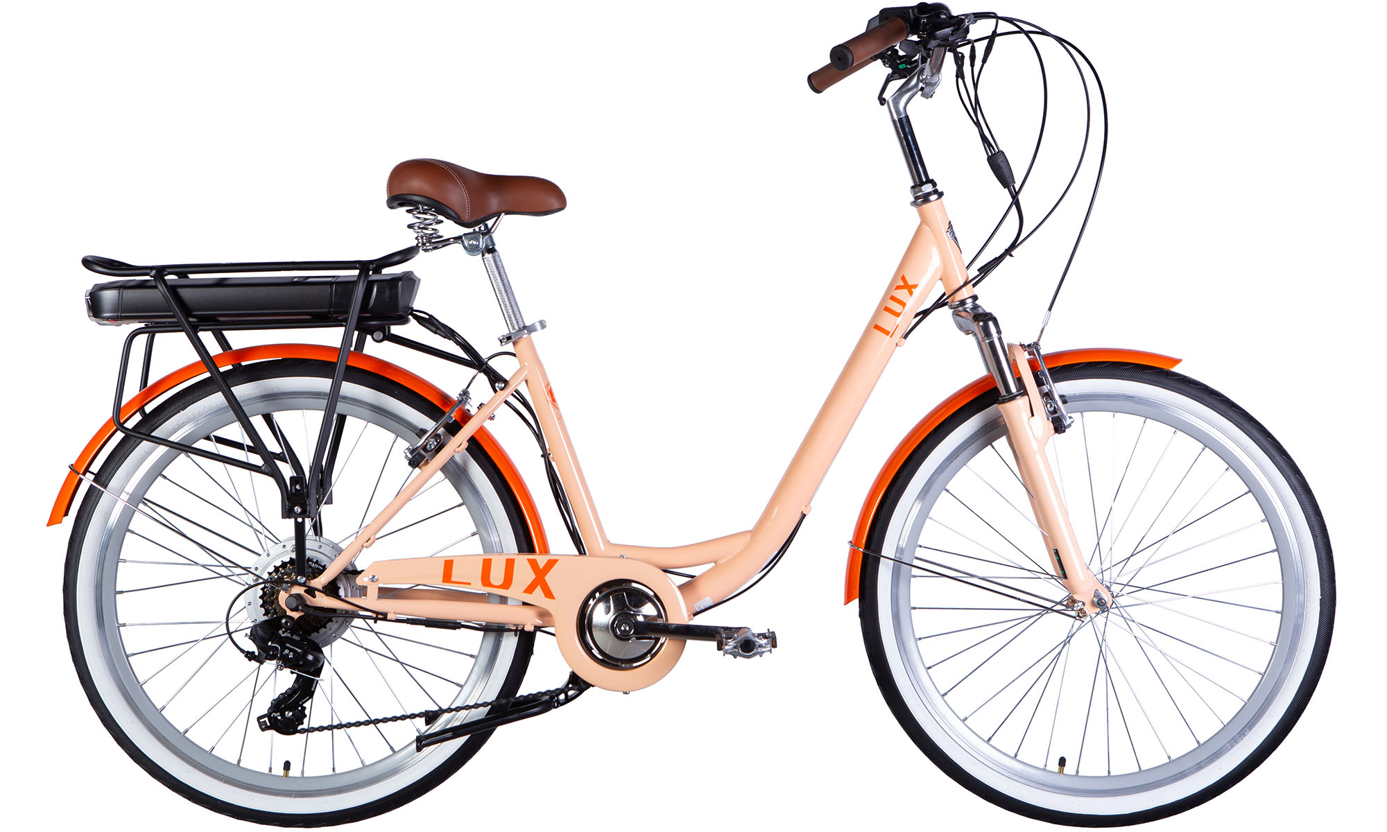 Фотография Велосипед с электроприводом Dorozhnik eLUX Vbr FR 26", размер M, рама 17" 36B 12.5А*г 500Вт, 2025, розовый PANTONE 162 C  