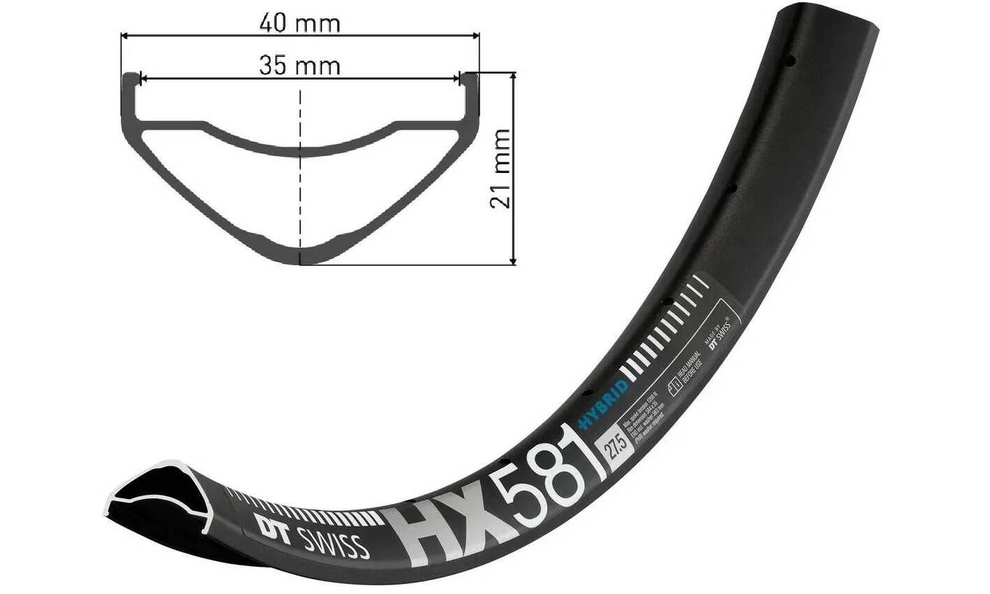 Обод DT Swiss HX 581, 27.5", размер 584×35 мм, 32 отверстия, ниппель Presta, дисковые тормоза, черный 2