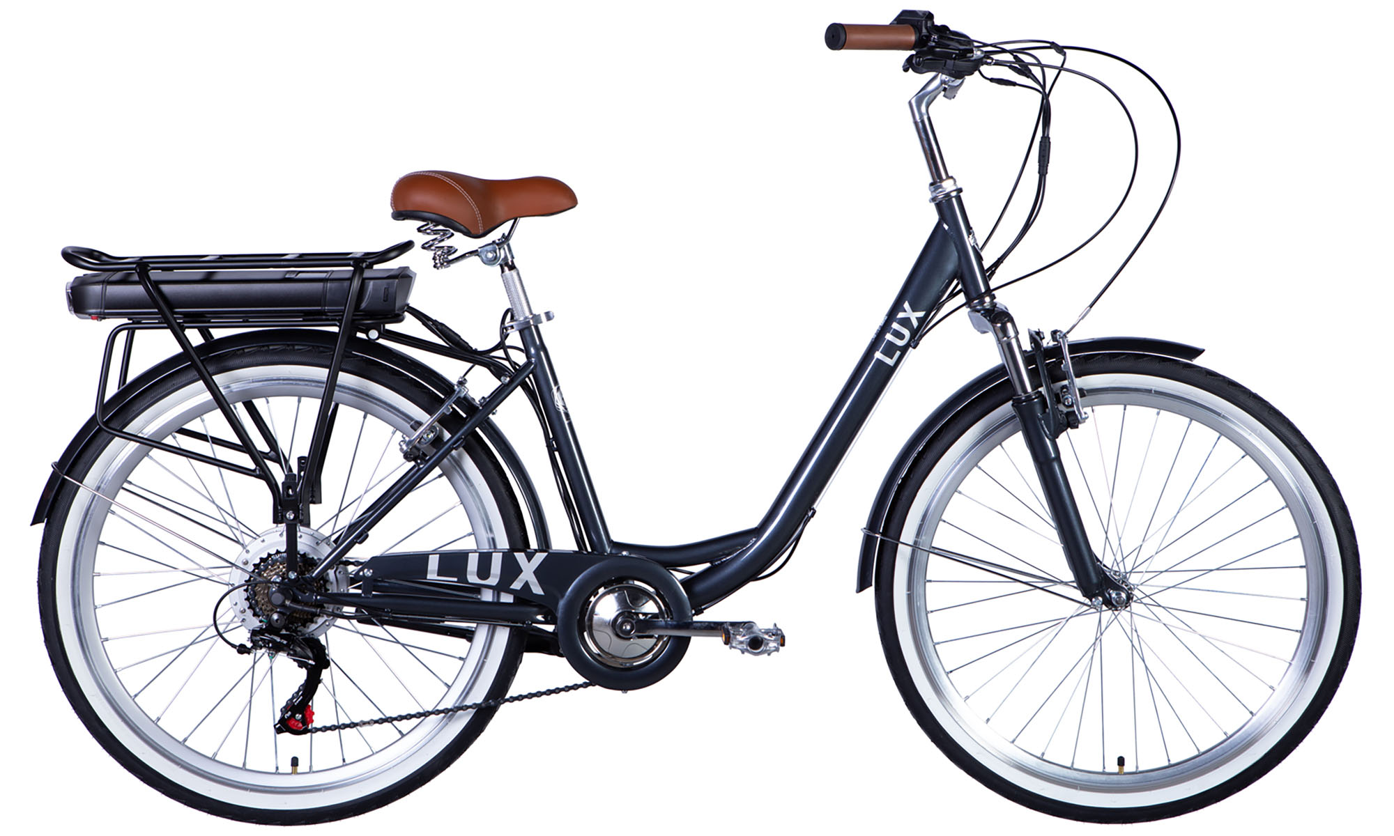 Велосипед с электроприводом Dorozhnik eLUX Vbr FR 26", размер L, рама-17", 36B, 12.5А*ч, 500Вт, год 2026, темно-серый 