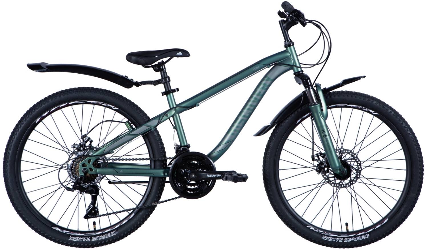 Фотография Велосипед Discovery FLINT AM DD 24" размер XXS рама 13 2024 Зелено-серебристый 