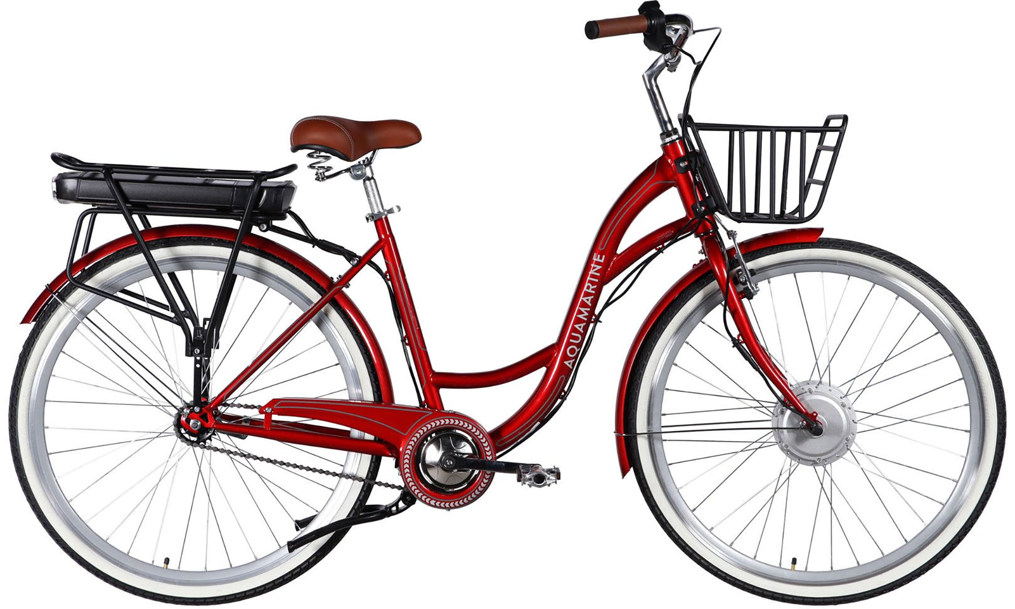 Велосипед с электроприводом Dorozhnik eAQUAMARINE BH 28", размер L, рама-19", 36B, 13А*ч, 500Вт, год 2026, бордовый с корзиной 