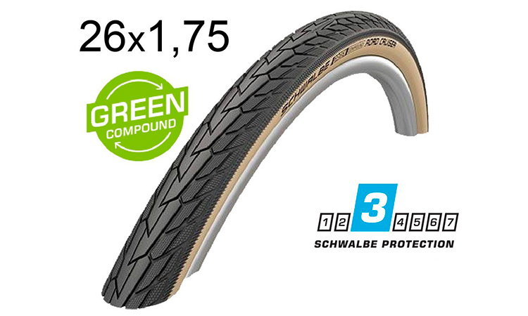 Фотография Покрышка Schwalbe 26x1.75 (47-559) ROAD CRUISER K-Guard Active B/G HS484 GREEN 50EPI black