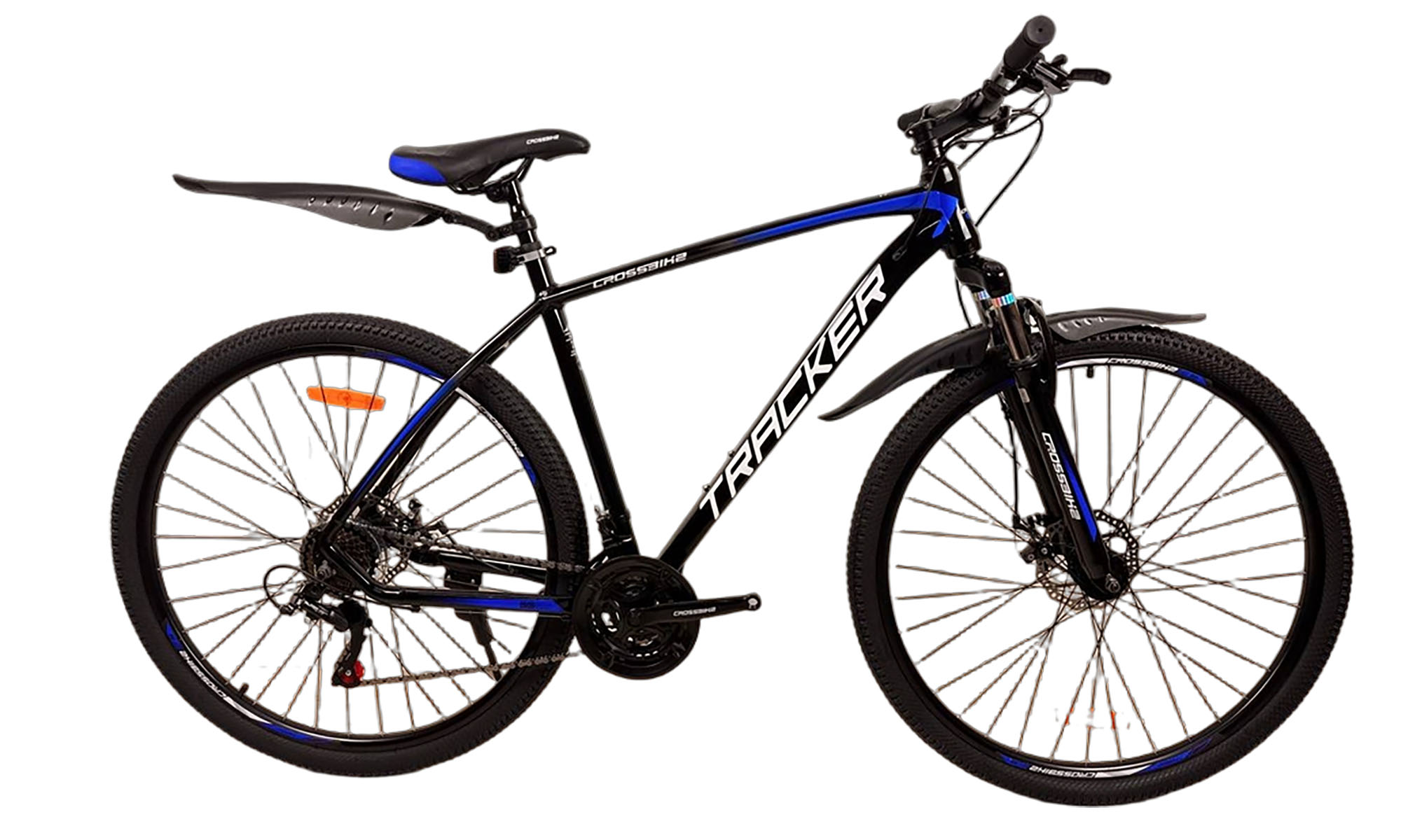 Велосипед CrossBike Tracker 29", розмір XL, рама 21", рік 2024, Чорний-Синій Велосипед CrossBike Tracker 29", розмір XL, рама 21", рік 2024, Чорний-Синій