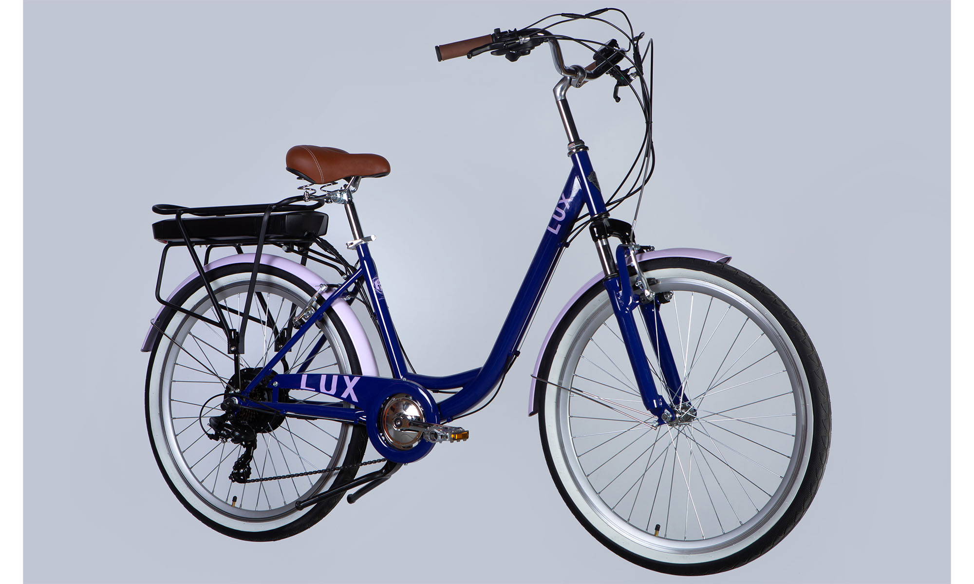 Фотография Велосипед с электроприводом Dorozhnik eLUX Vbr FR 26", размер M, рама 17" 36B 12.5А*ч 500Вт, 2025,  сиреневый YS 7102 60% matt  2