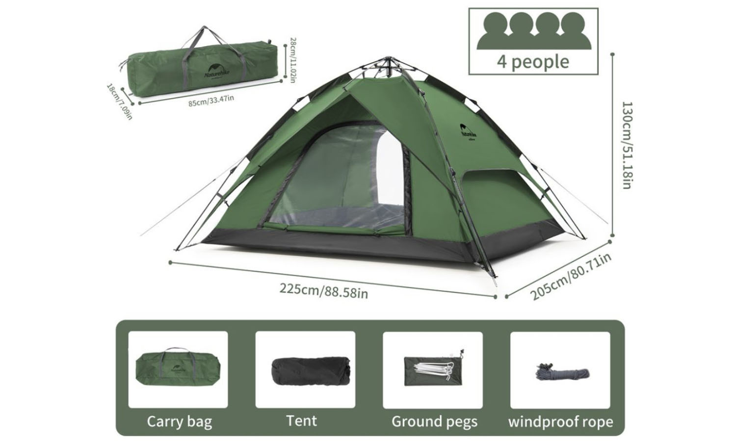Фотография Палатка четырехместная автоматическая Naturehike Automatic IV (NH21ZP008) темно-зеленая 6