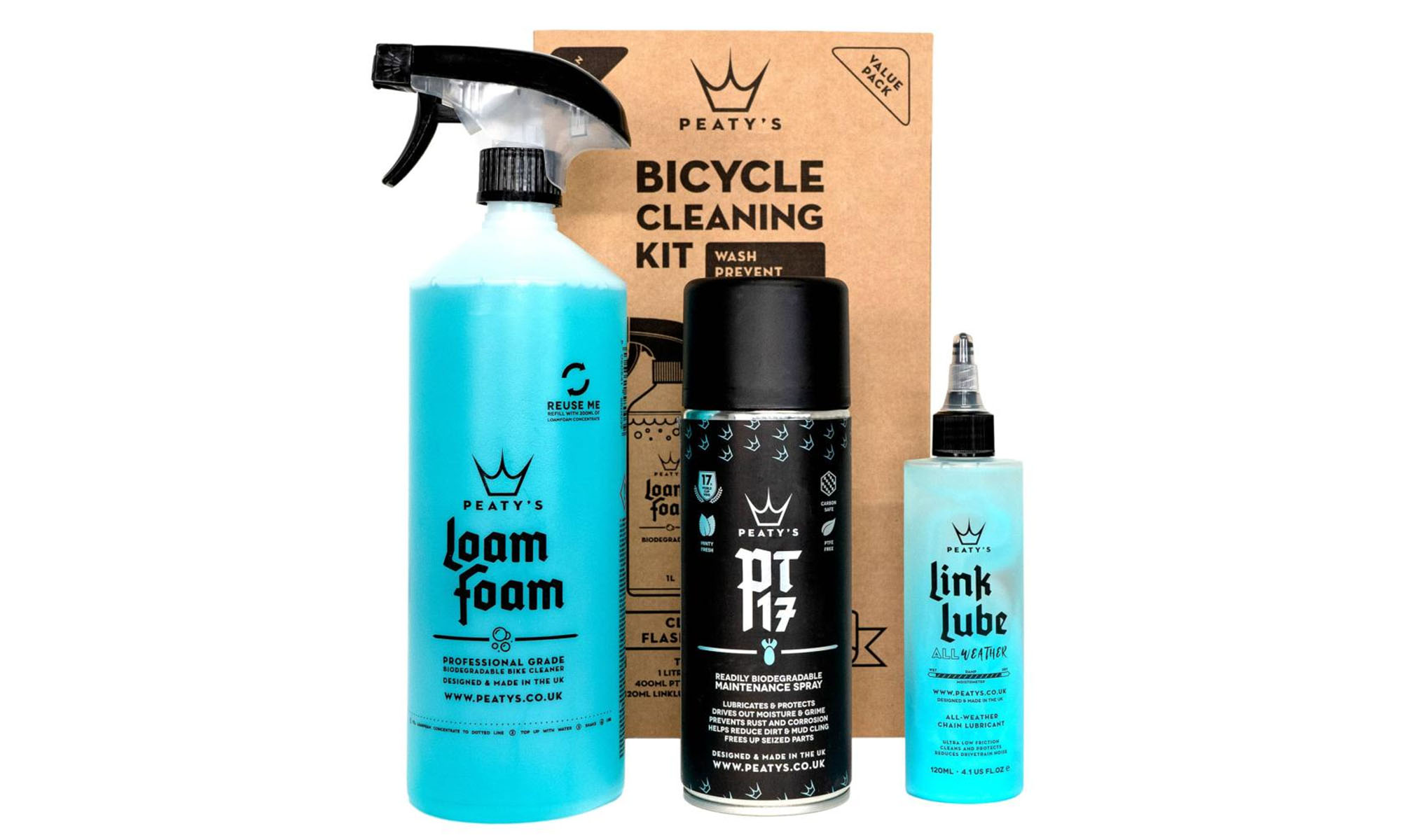 Набор для мойки Peaty's Cleaning Gift Pack, шампунь 1L / Спрей PT17 400ml / смазка цепи 120ml, All-Weather 