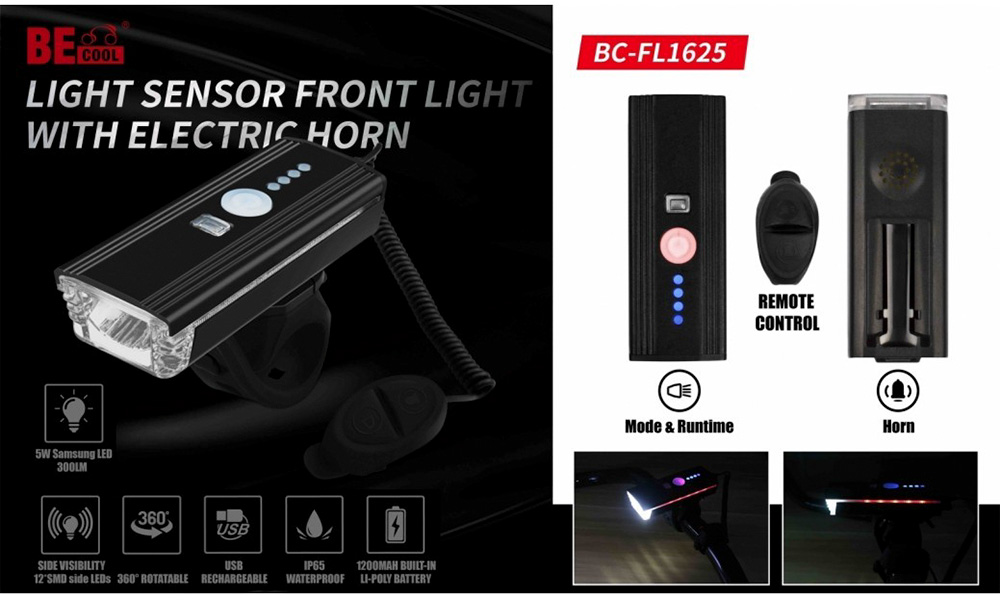 Фотография Фонарь передний с боковой подсветкой BC-FL1625 300 Лм питание Li-on 1200 мАч с эл звонком USB Pl, черный