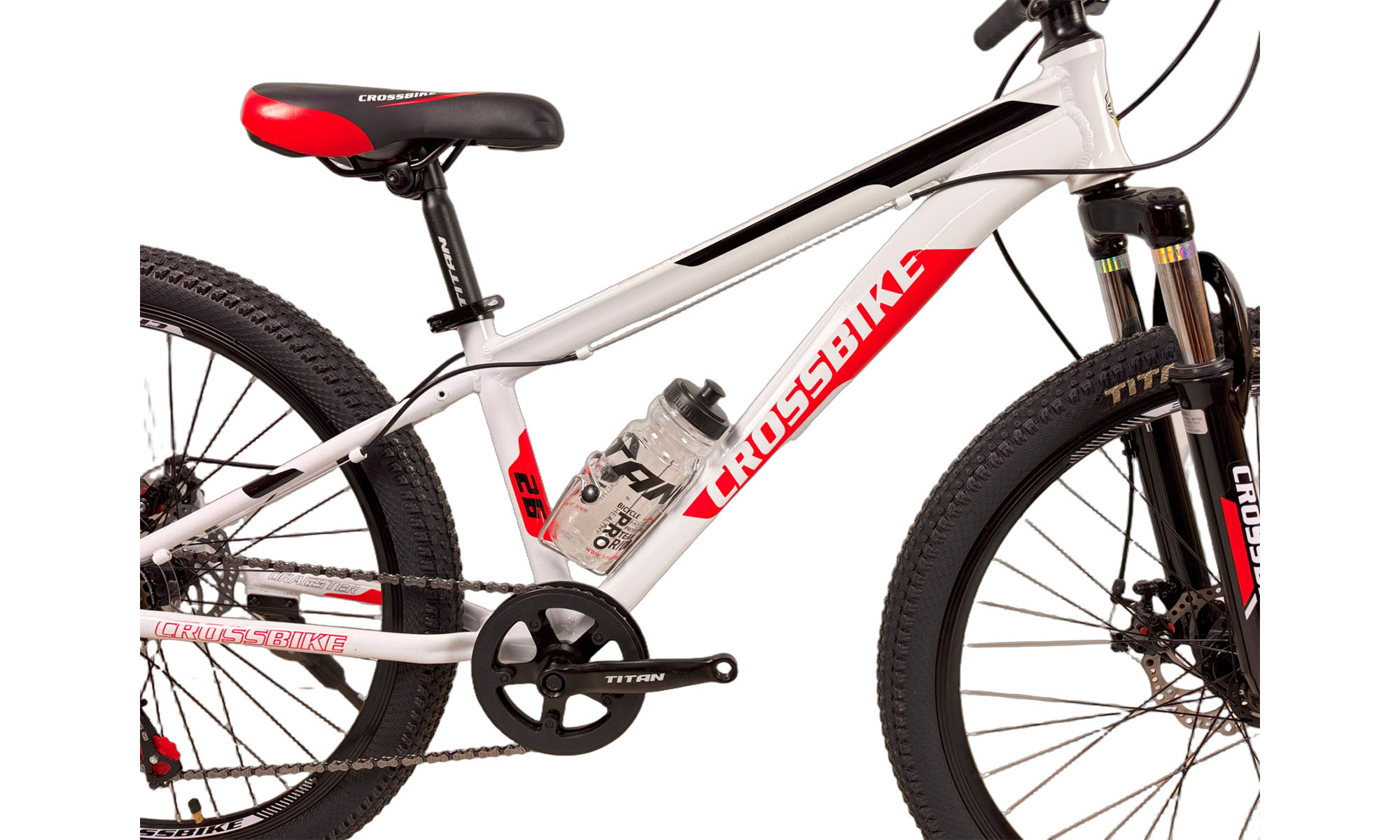 Велосипед Crossbike Dragster Susp 26", розмір XS, рама 13", рік 2025, Білий-Червоний 3 Велосипед Crossbike Dragster Susp 26", розмір XS, рама 13", рік 2025, Білий-Червоний 3