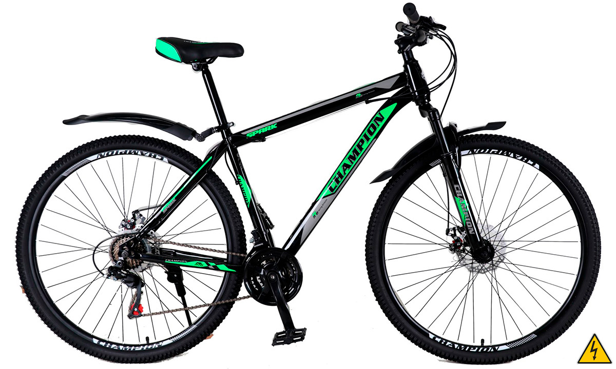 Фотография Электровелосипед Champion Spark 27,5", мотор MXUS FX-07, 36В, 350Вт (2021) 2020, размер M, черно-зеленый 2
