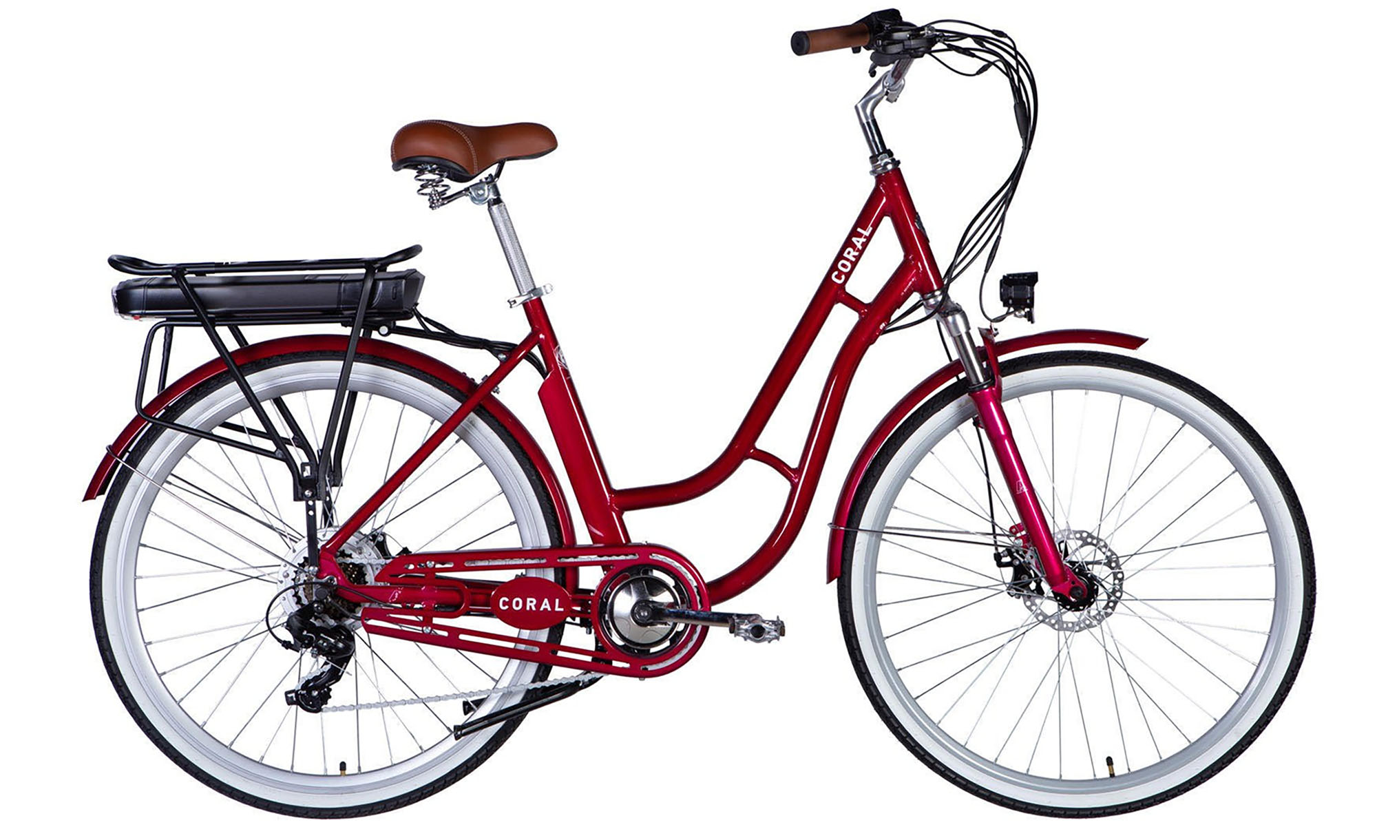 Велосипед с электроприводом Dorozhnik eCORAL DD FR 28", размер L, рама-19", 36B, 12.5А*ч, 500Вт, год 2025, рубиновый 