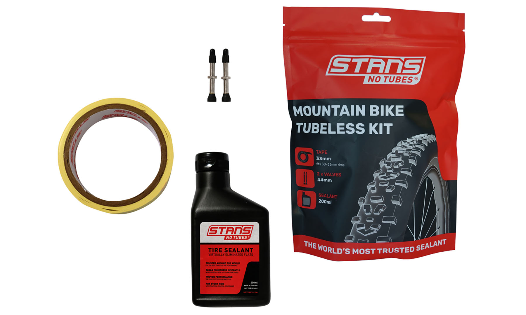 Фотография Набор Stan's Notubes Mountain Tubeless Kit 33 мм (лента 33мм, ниппели 44мм, герметик 200мл)