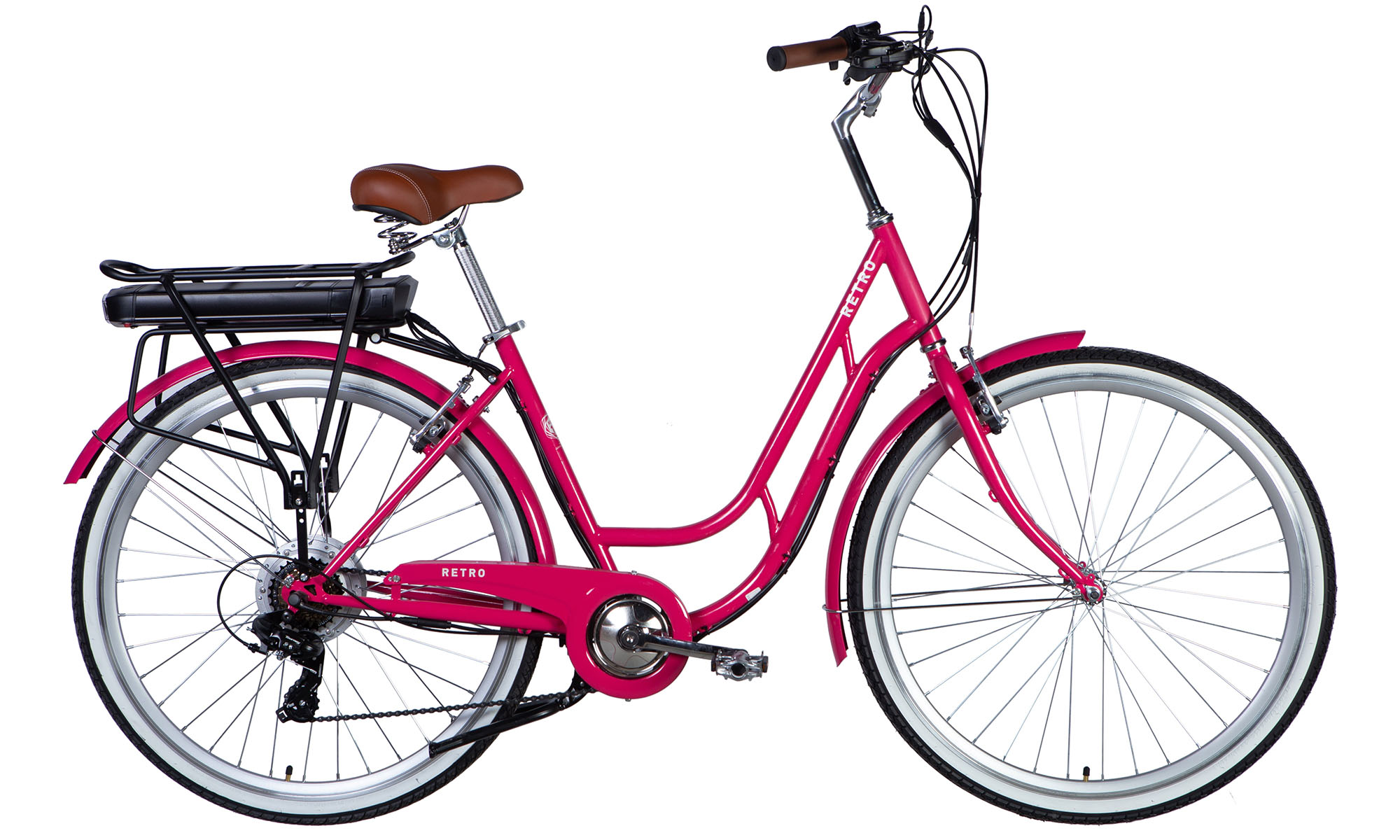 Велосипед с электроприводом Dorozhnik RETRO DD FR 28", размер L, рама-19", 36B, 12.5А*ч, 250Вт, год 2025, розовый 