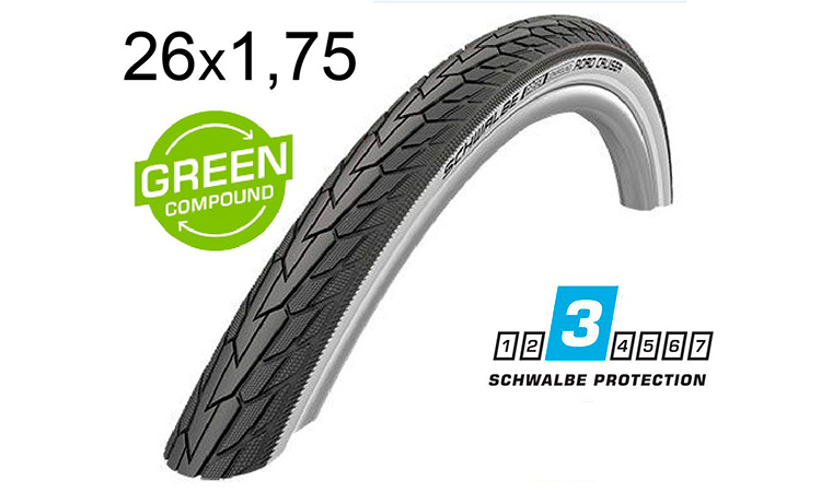 Фотография Покрышка Schwalbe 26x1.75 (47-559) ROAD CRUISER K-Guard Active B/W HS484 GREEN 50EPI black