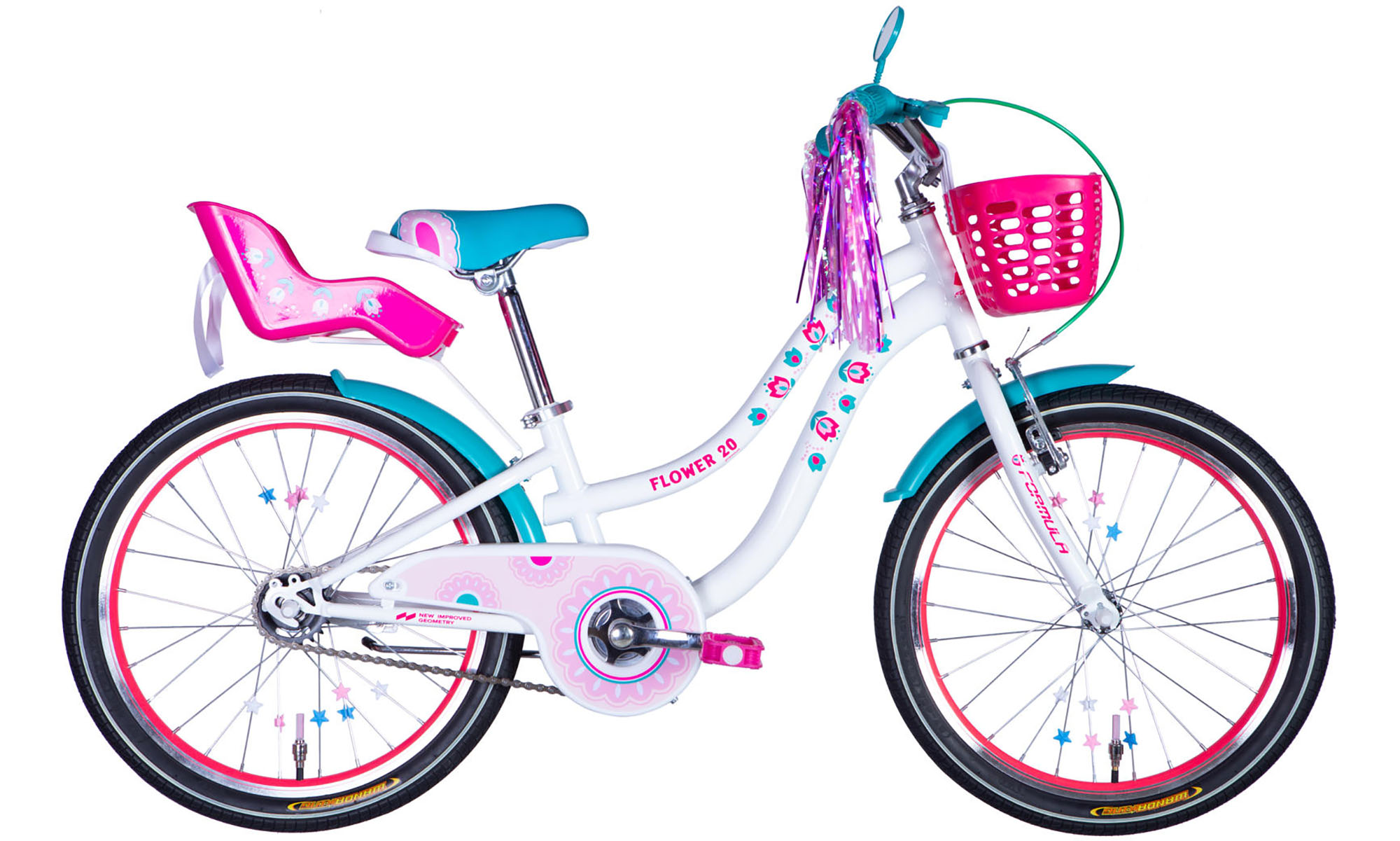 Велосипед Formula Kid FLOWER PREMIUM BH 20", размер XXS, рама-10", год 2026, белый с розовым и бирюзовым 