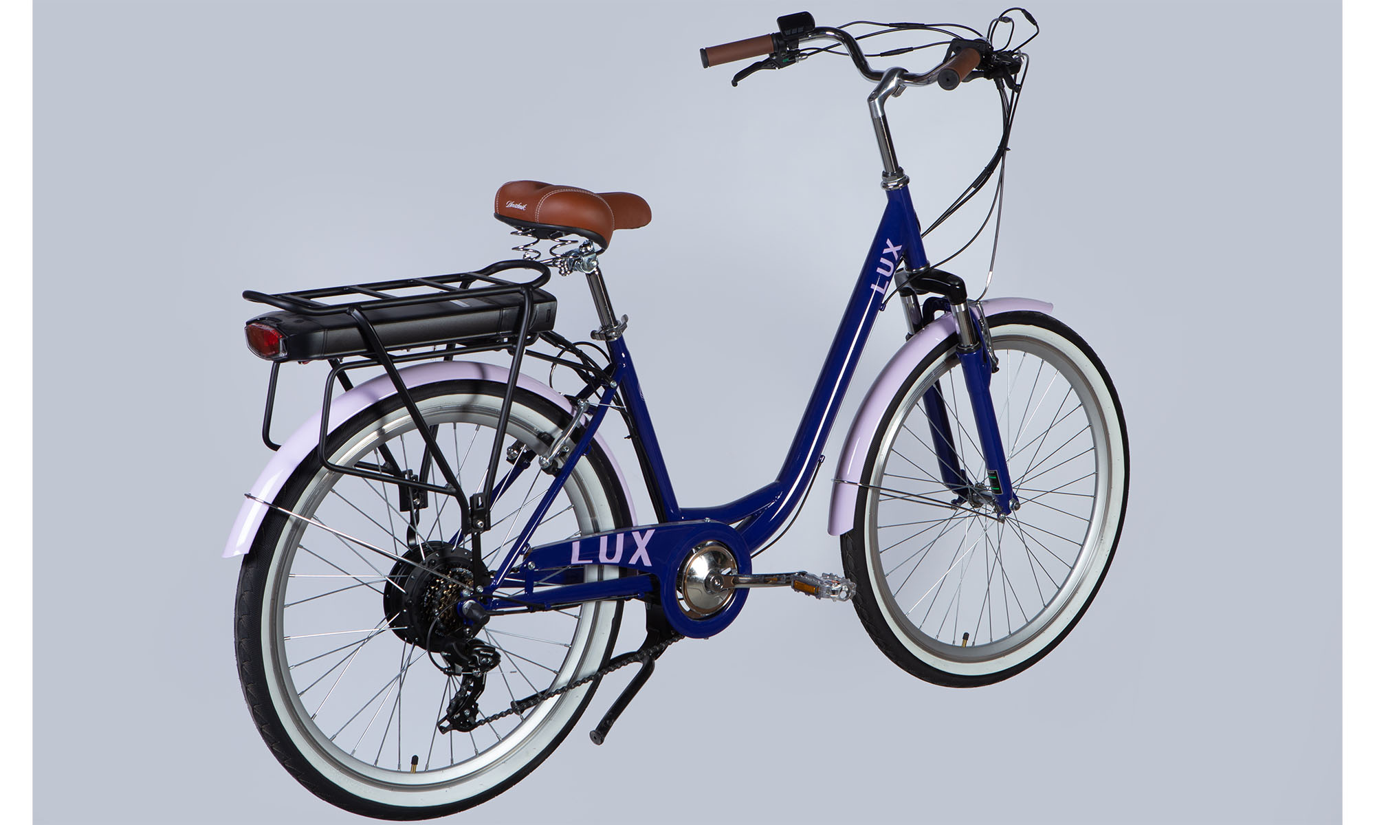 Фотография Велосипед с электроприводом Dorozhnik eLUX Vbr FR 26", размер M, рама 17" 36B 12.5А*ч 500Вт, 2025,  сиреневый YS 7102 60% matt  3