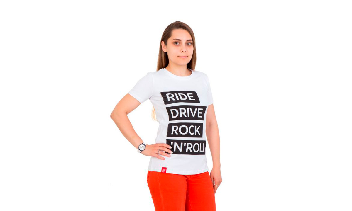 Фотография Футболка женская Ride drive rock&roll, white, размер M