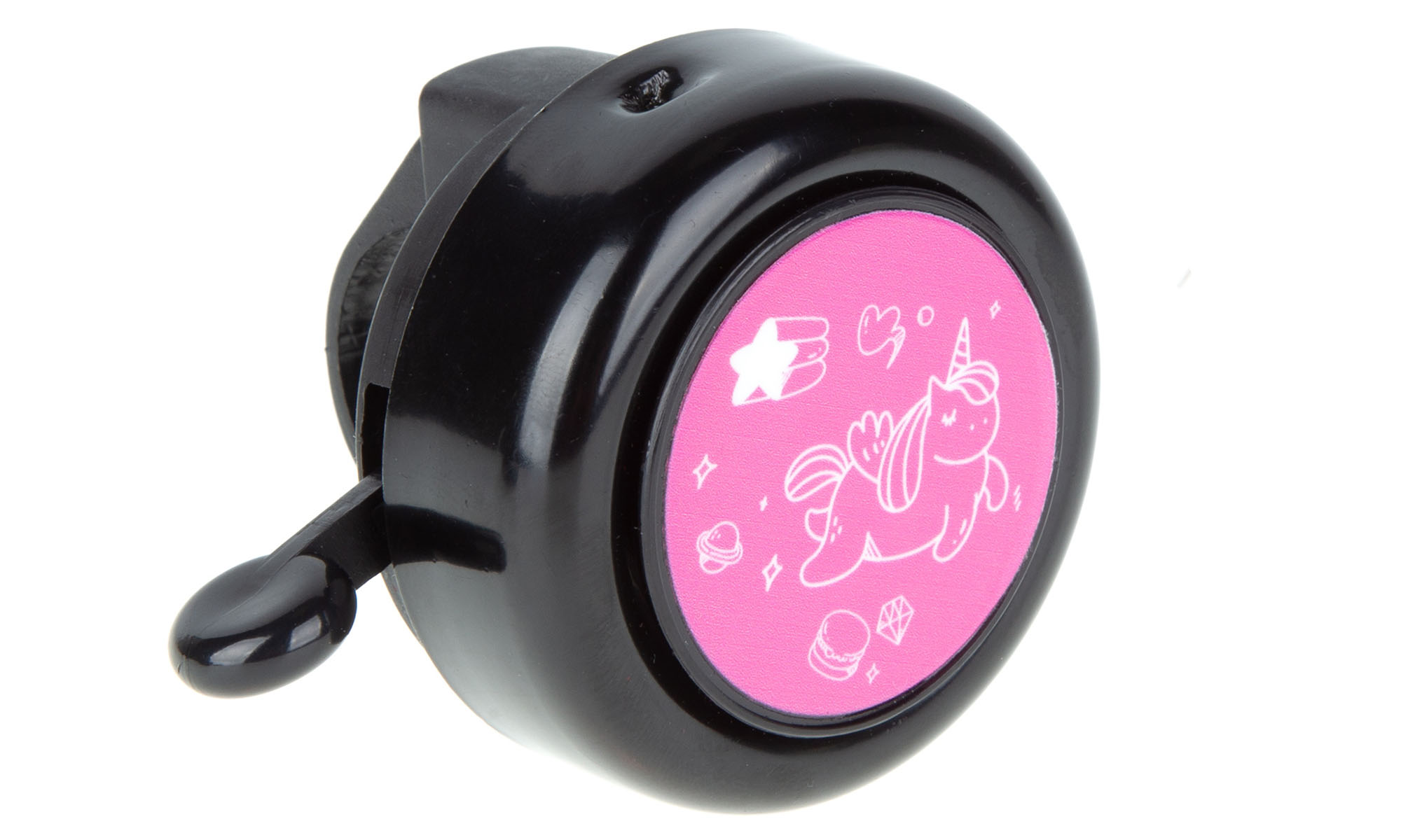 Звонок ONRIDE Rang 10, единорожек розовый, алюминиевый, диаметр руля 22мм, черно-розовый 