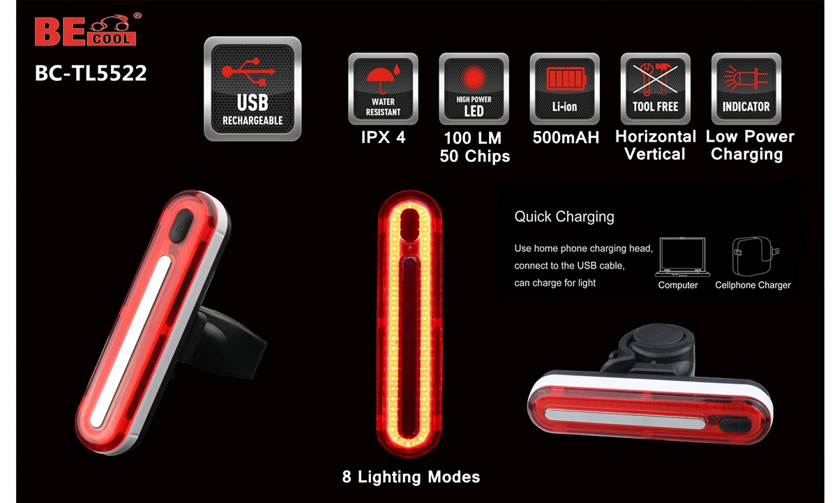 Фотография Фонарь габаритный задний (плоский) экстра яркий BC-TL5522, 50 LED, USB, 8 режимов 2