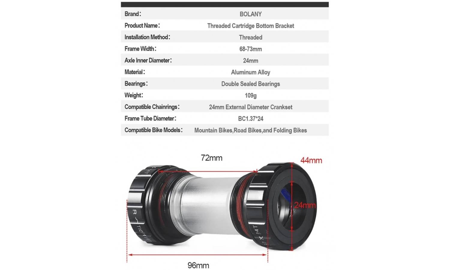 Каретка Bolany Hollowtech II BSA чорний 2