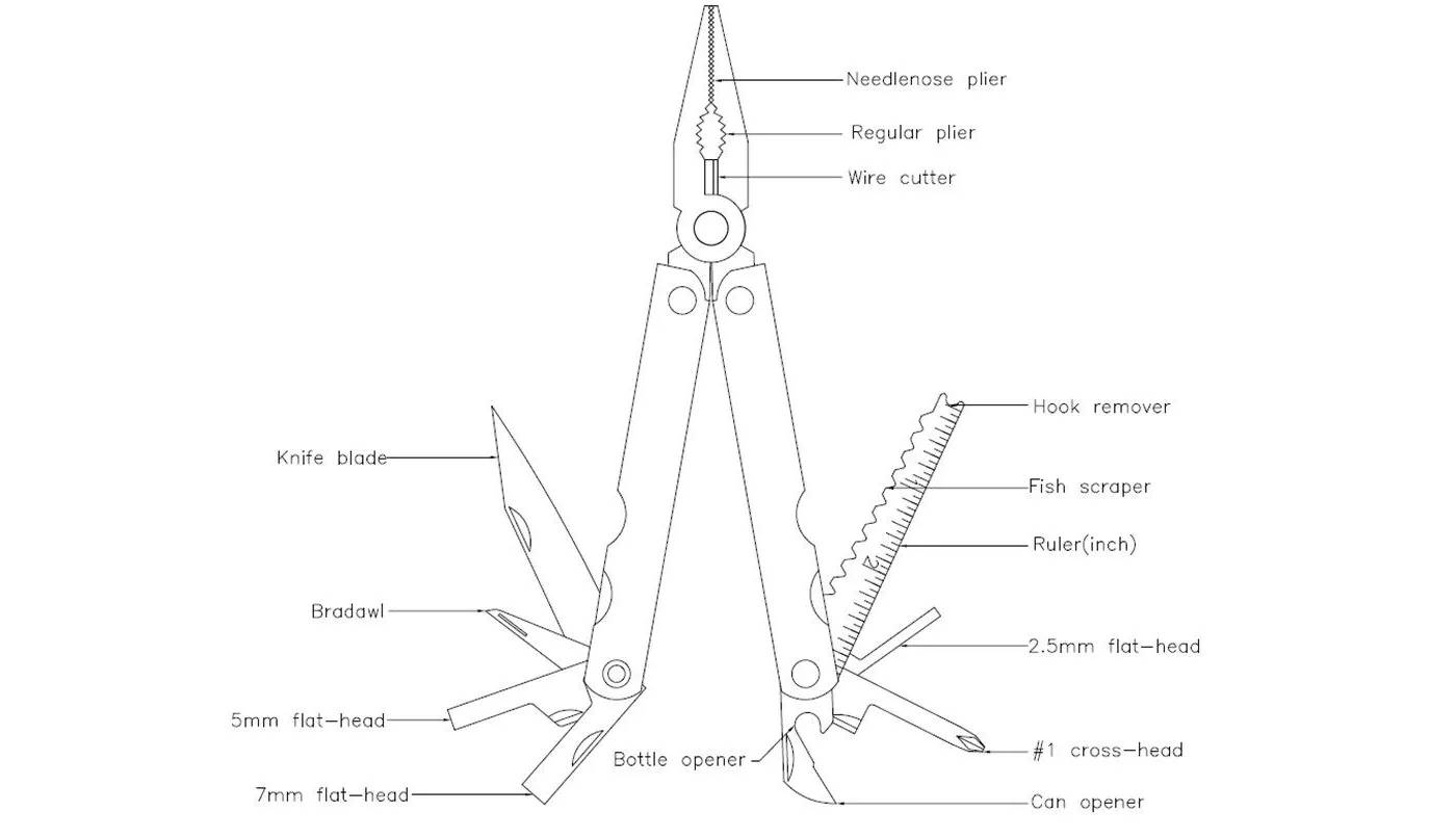 Мультитул Ice Toolz 15-Function: плоскогубцы, кусачки, нож, выкрутки +/- 2,5; 5; 7мм, шило, открывачка, скребок для рыбы, экстарктор крючков, линейка 2