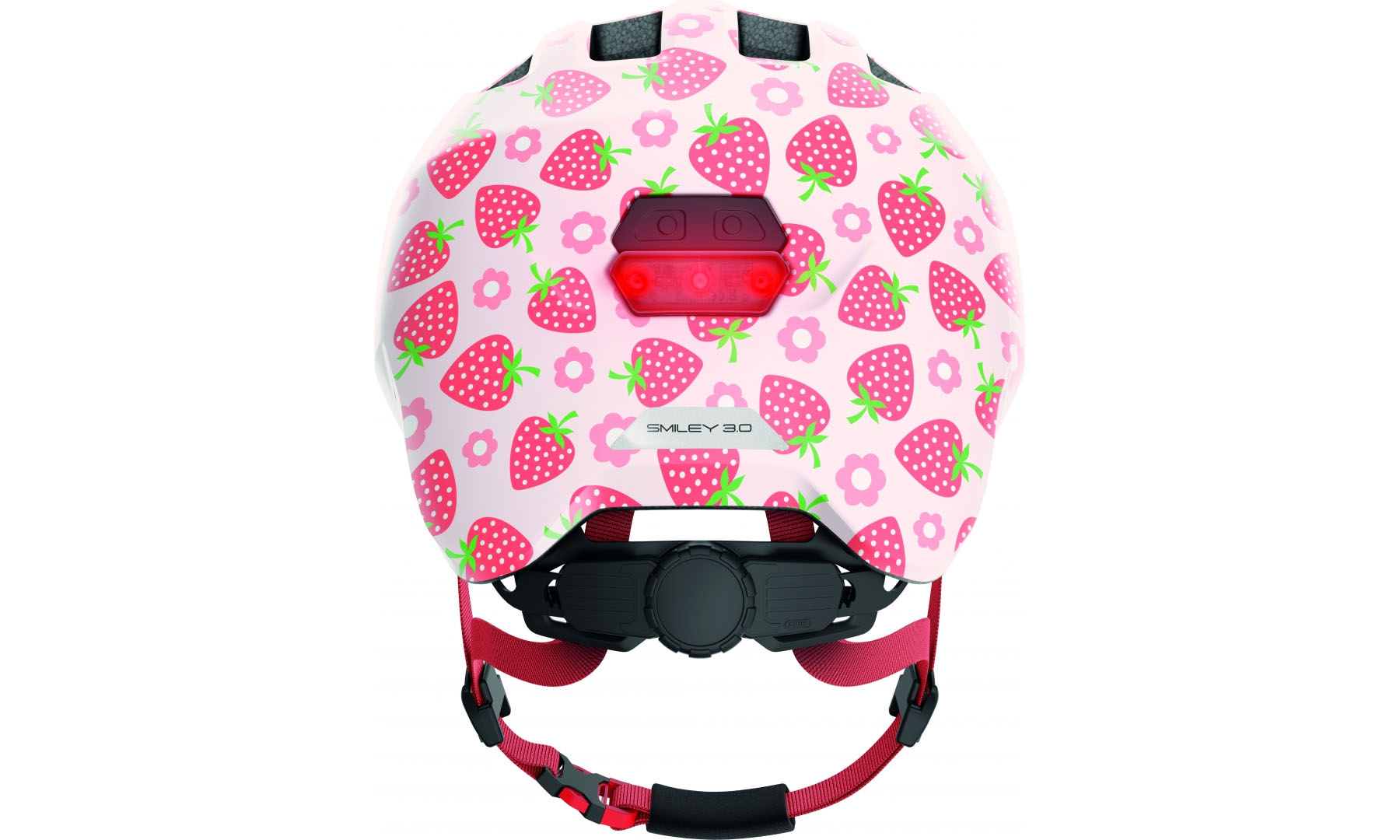 Велошлем детский ABUS SMILEY 3.0 LED Rose Strawberry, размер M (50-55см), розовая клубника 3 Велошлем детский ABUS SMILEY 3.0 LED Rose Strawberry, размер M (50-55см), розовая клубника 3