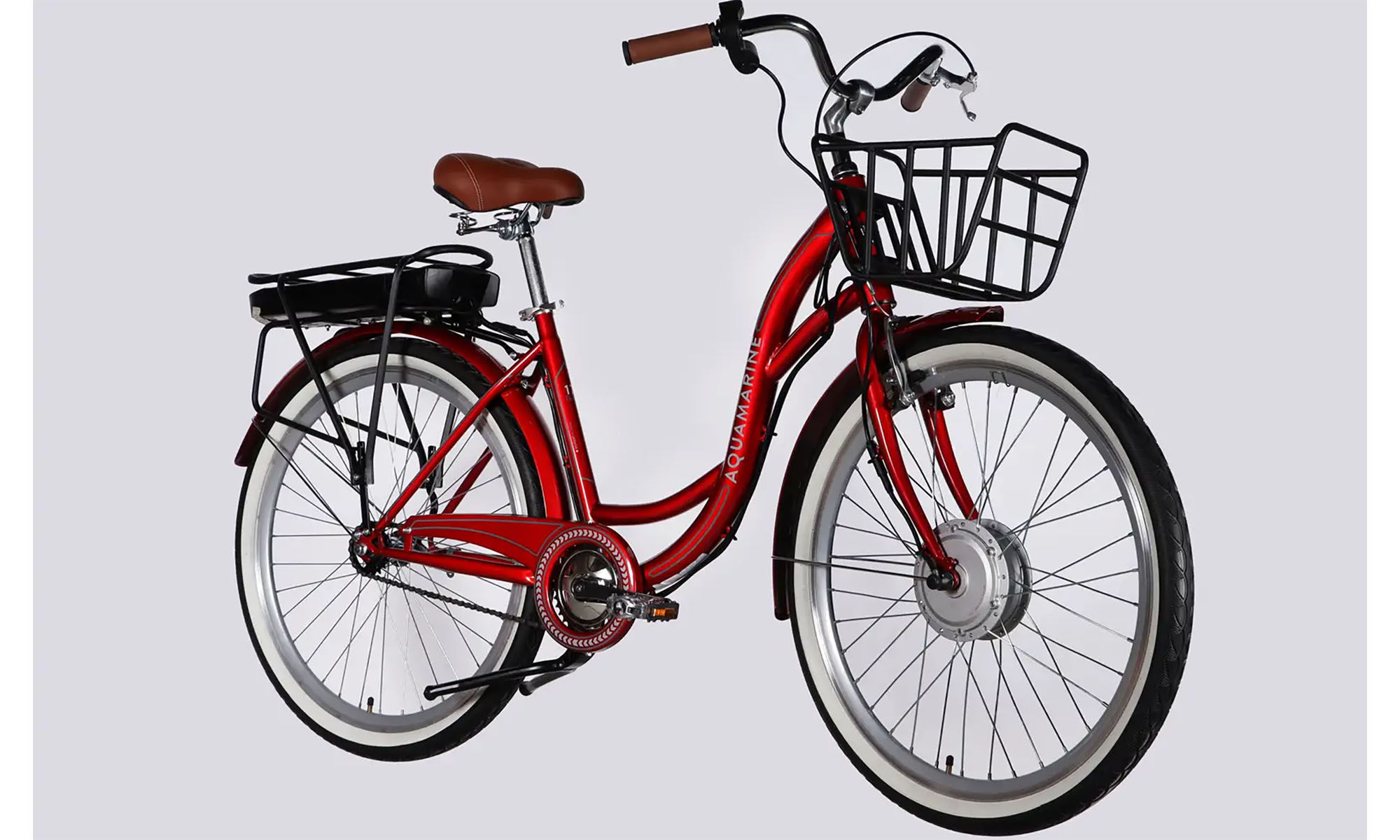 Велосипед с электроприводом Dorozhnik eAQUAMARINE BH 26", размер M, рама-17", 36B, 13А*ч, 500Вт, год 2026, бордовый с корзиной 4