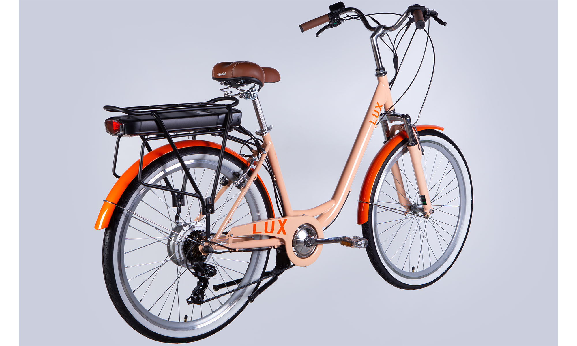 Фотография Велосипед с электроприводом Dorozhnik eLUX Vbr FR 26", размер M, рама 17" 36B 12.5А*г 500Вт, 2025, розовый PANTONE 162 C  2