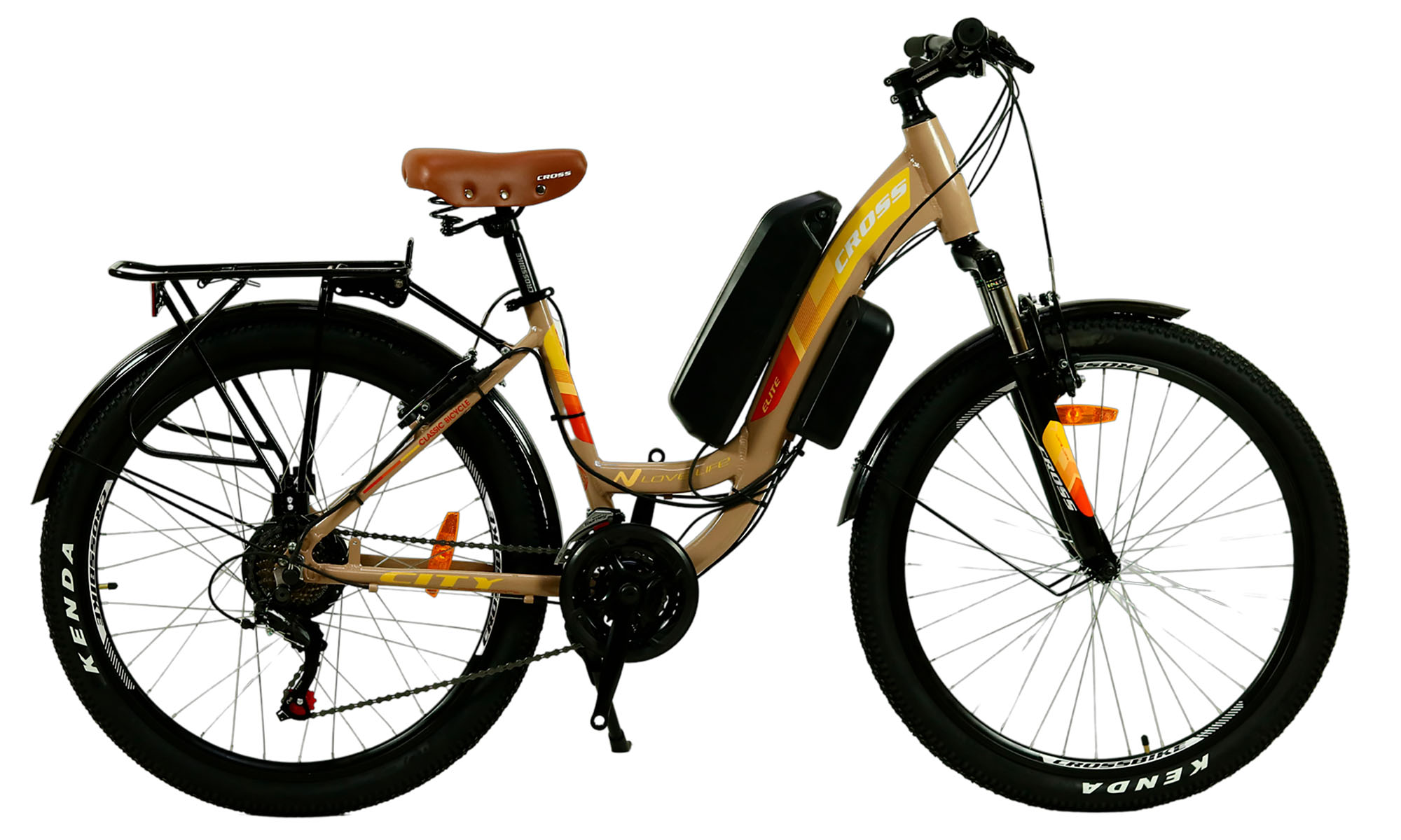 Фотография Электровелосипед Cross Elite 26", размер M, рама 17", 2022, Коричневый, 350W, 10Ah