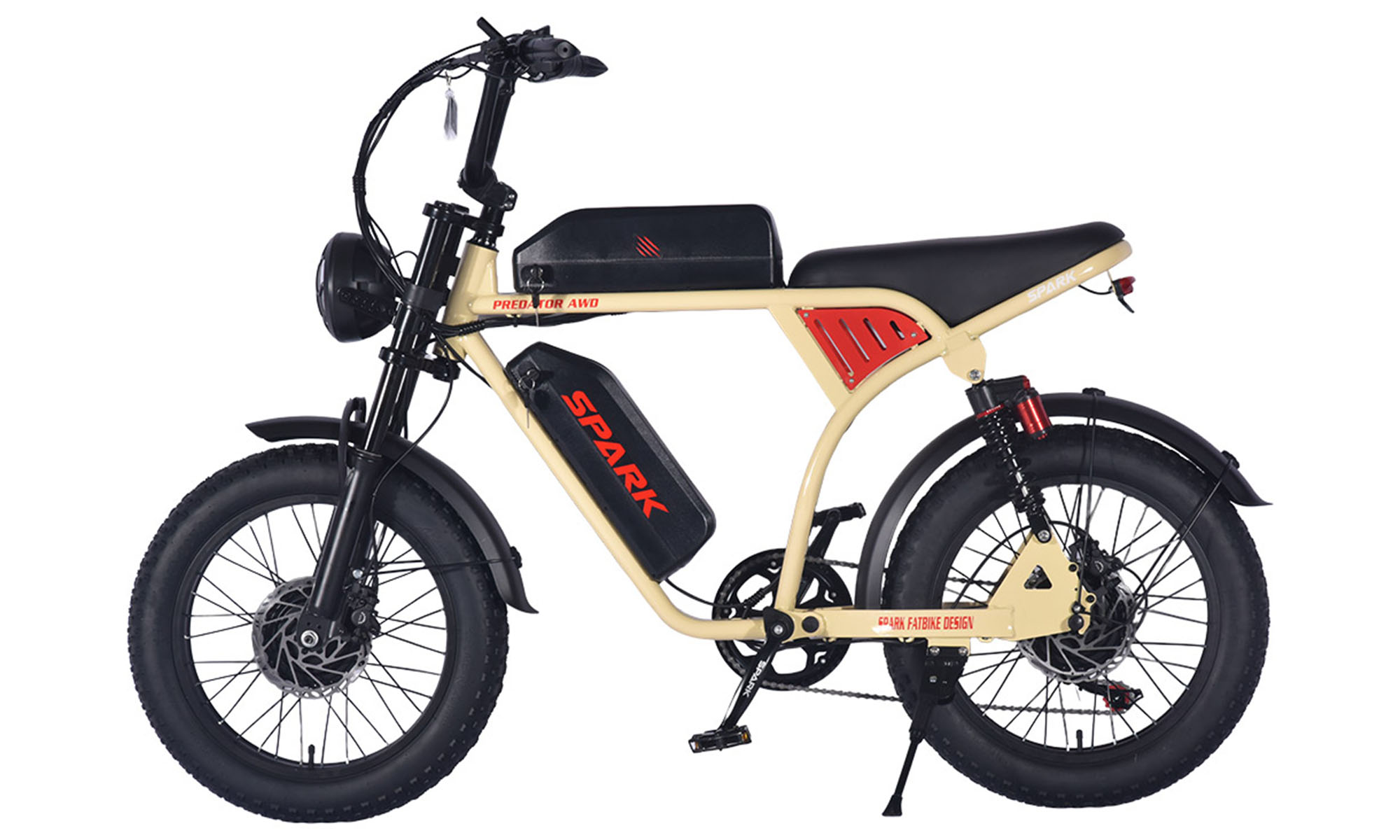 Велосипед с электромотором SPARK PREDATOR AWD 20", 48V / 750W*2 / 20Ah*2 Li-ion, Бежевый Велосипед с электромотором SPARK PREDATOR AWD 20", 48V / 750W*2 / 20Ah*2 Li-ion, Бежевый
