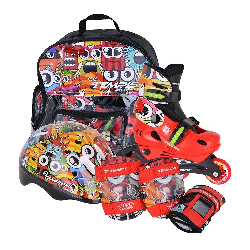 Комплект детский Tempish MONSTER Baby skate (ролики, рюкзак, защита конечностей, шлем), размер 34-37 Красный