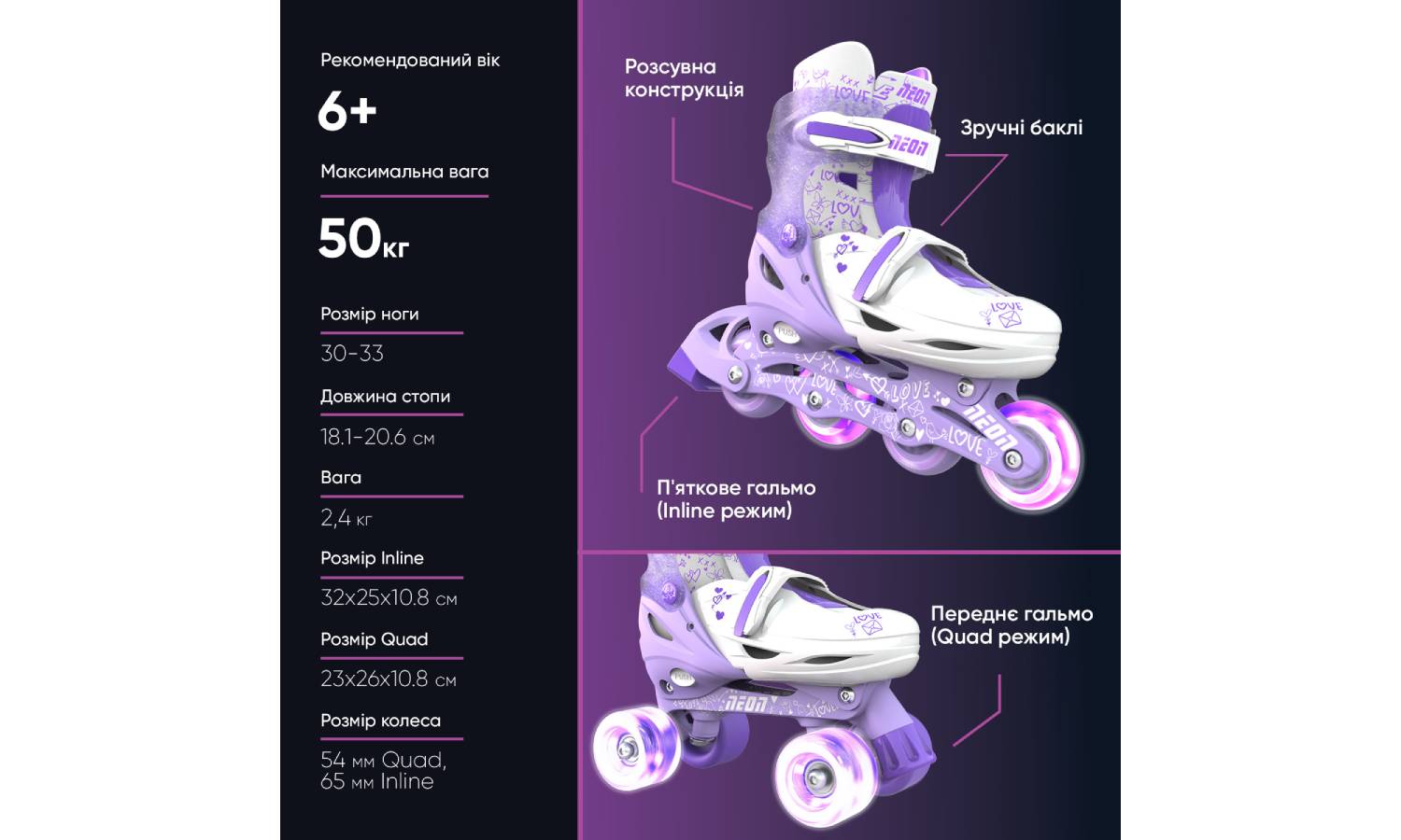 Роликовые коньки Neon Combo, размер 30-33, сиреневый 9