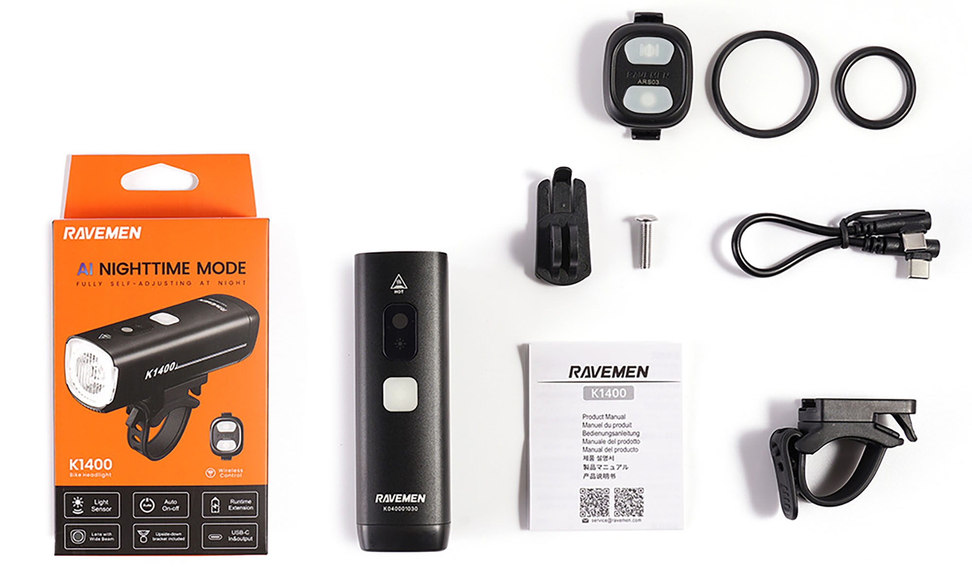 Велосипедная фара Ravemen K1400 (1400 lm, 4000 mAh) с датчиком освещенности, беспроводная кнопка 2