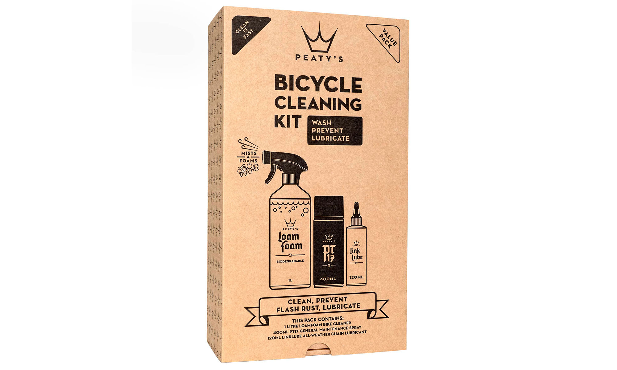 Набор для мойки Peaty's Cleaning Gift Pack, шампунь 1L / Спрей PT17 400ml / смазка цепи 120ml, All-Weather 2