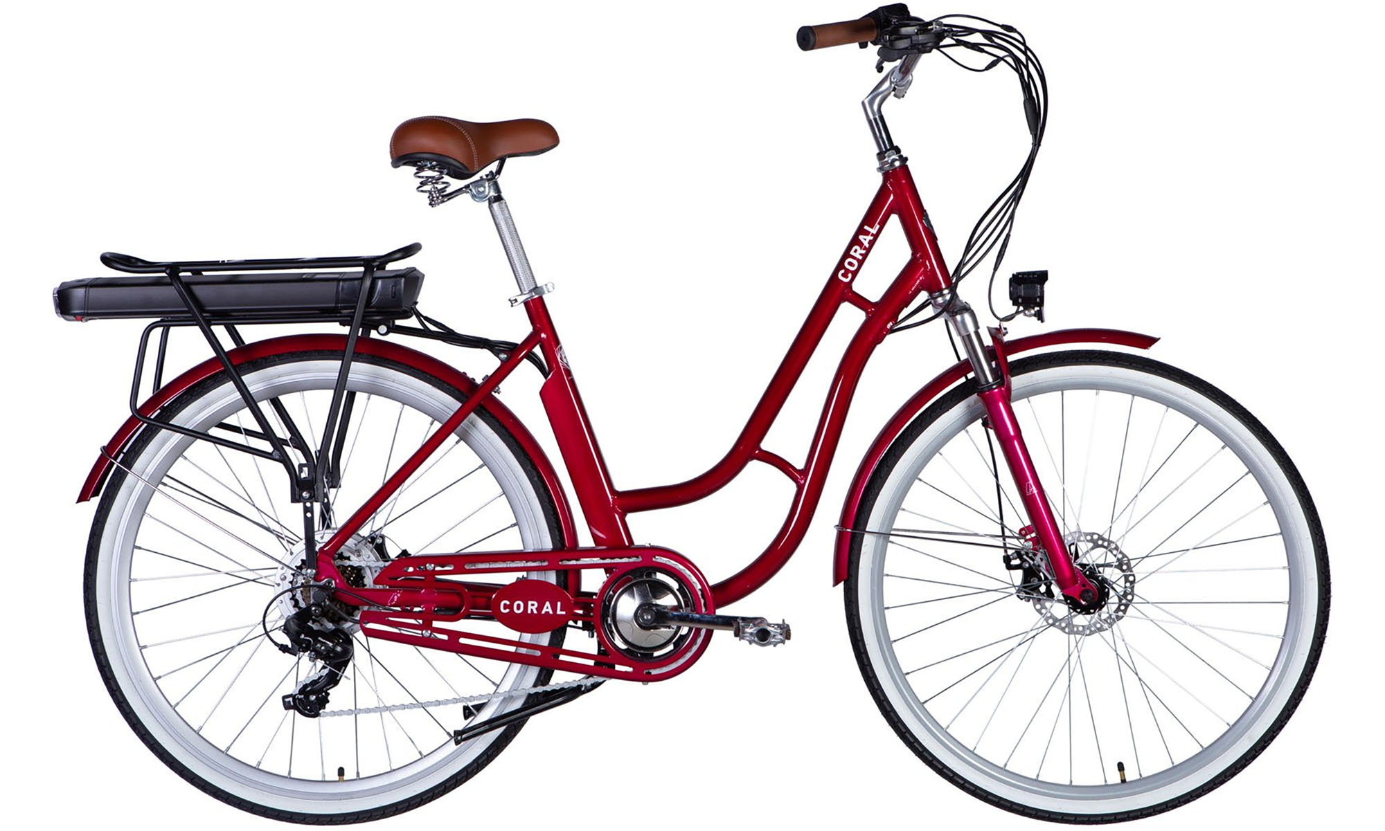 Велосипед с электроприводом Dorozhnik eCORAL DD FR 28", размер L, рама-19", 48B, 17.5А*ч, 500Вт, год 2026, рубиновый 