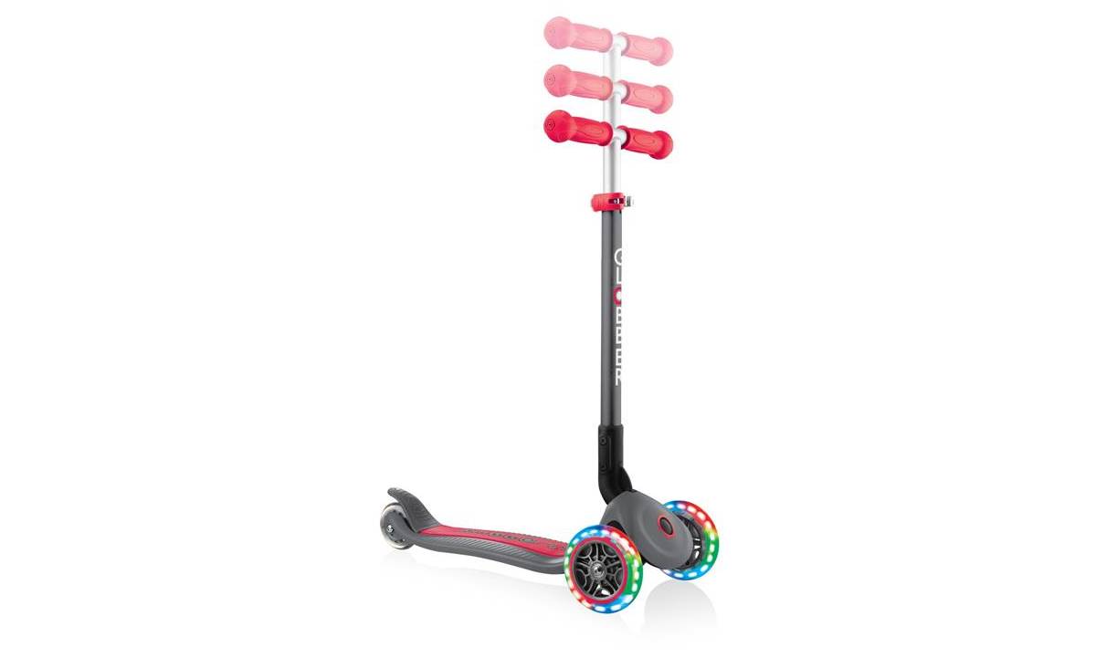Фотография Самокат GLOBBER PRIMO FOLDABLE LIGHTS, серо-красный, колёса с подсветкой, 3+ 3