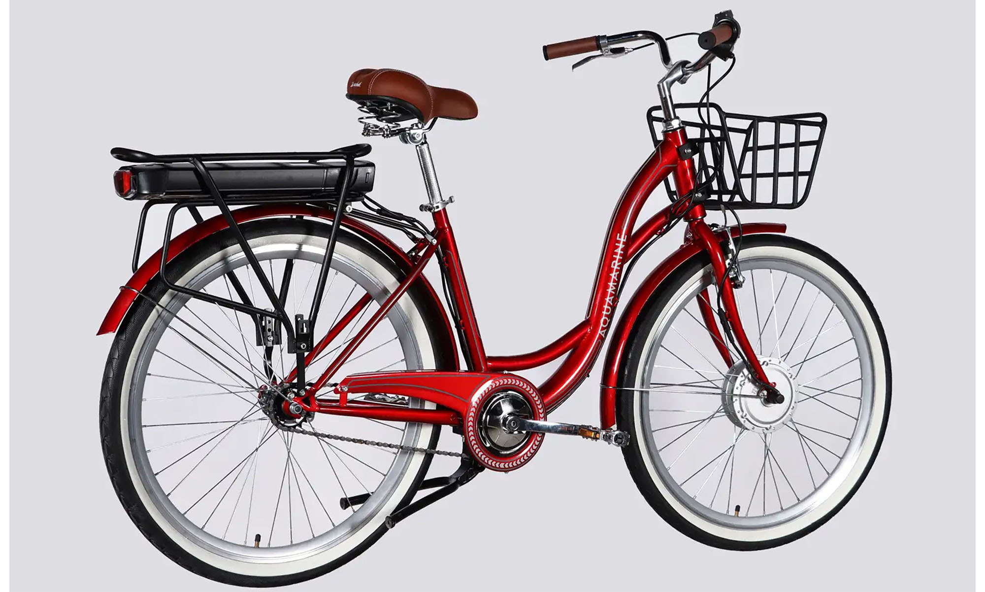 Велосипед с электроприводом Dorozhnik eAQUAMARINE BH 26", размер M, рама-17", 36B, 13А*ч, 500Вт, год 2026, бордовый с корзиной 3