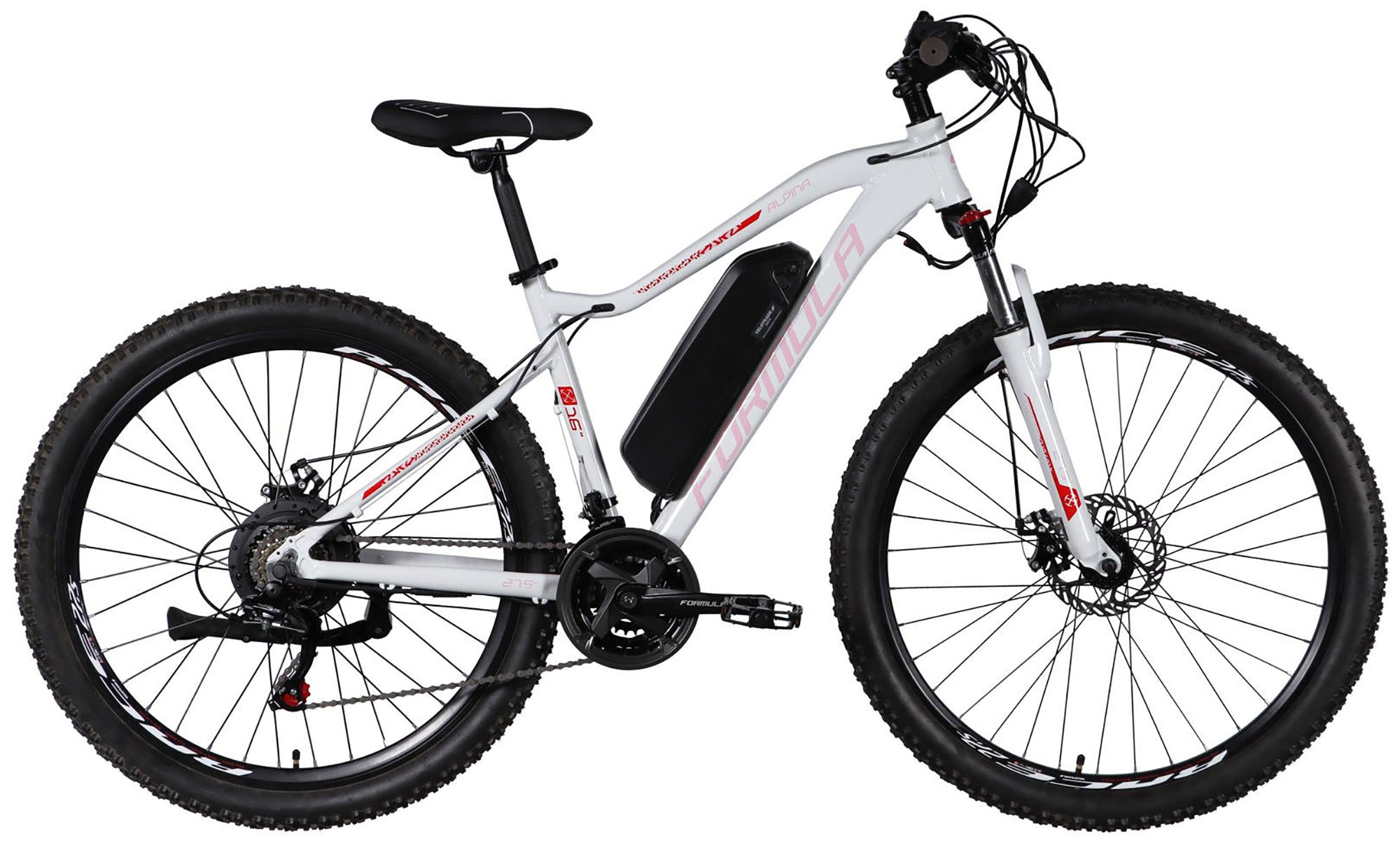 Велосипед с электроприводом Formula eALPINA DD FR 27.5", размер M, рама-17", 36B, 12.5А*ч, 500Вт, год 2026, бело-розовый