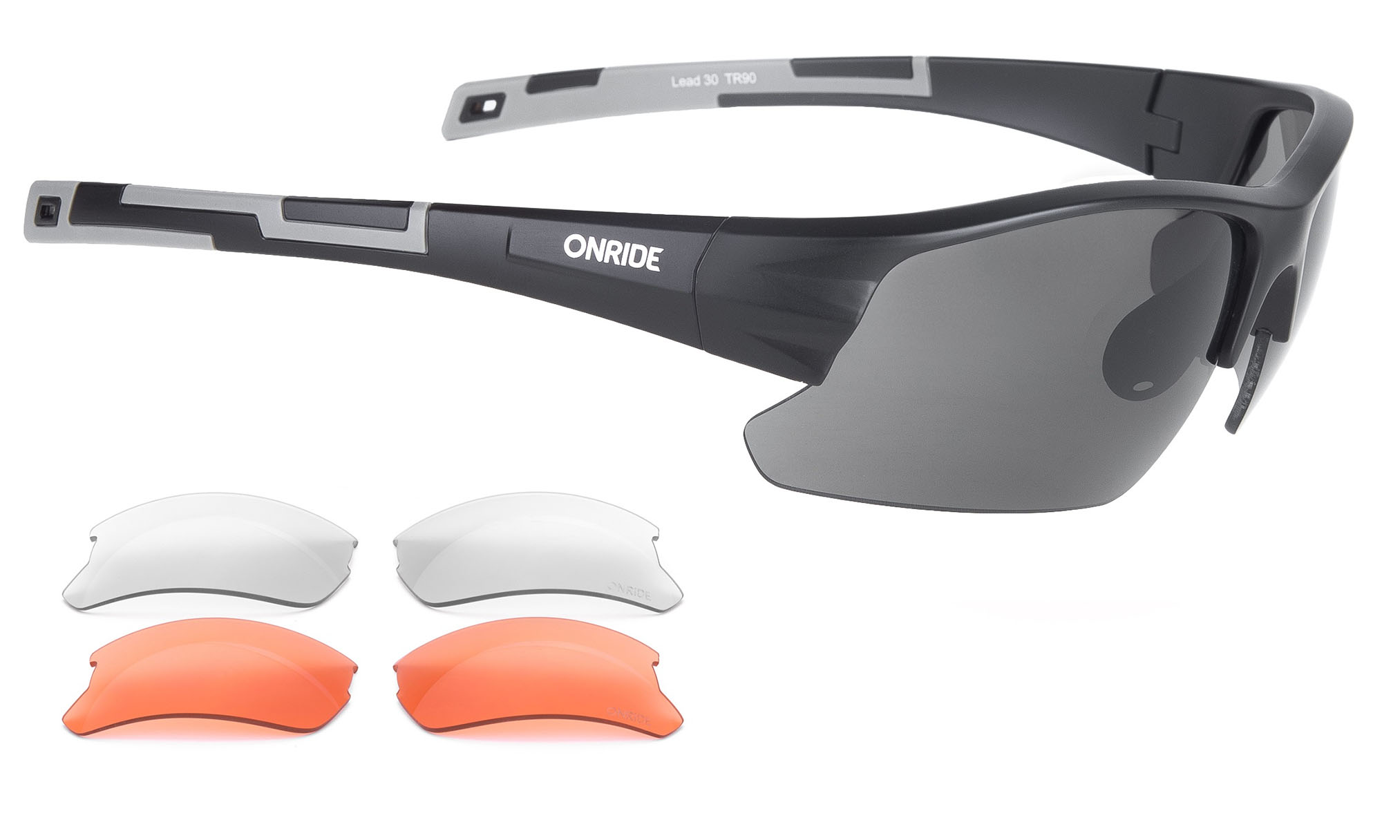 Очки ONRIDE Lead 30 матово черные с линзами дымчатыми кат. 3 (17%); оранжевыми кат. 2 (37%); прозрачными кат.1 (100%) 
