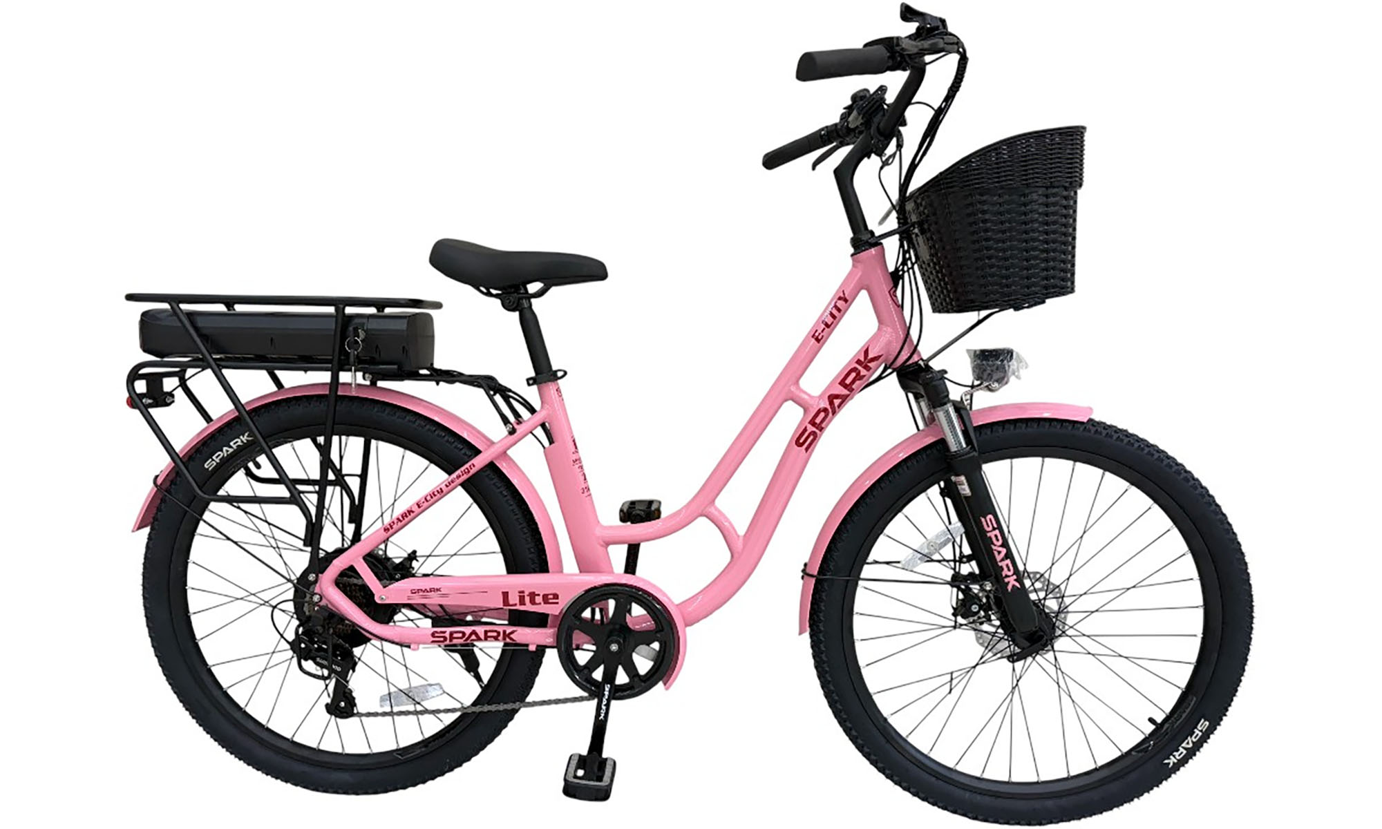 Велосипед с электромотором SPARK E-CITY LITE 26", размер M, рама 17", 48V/500W/12,8Ah, год 2026, малиновый 