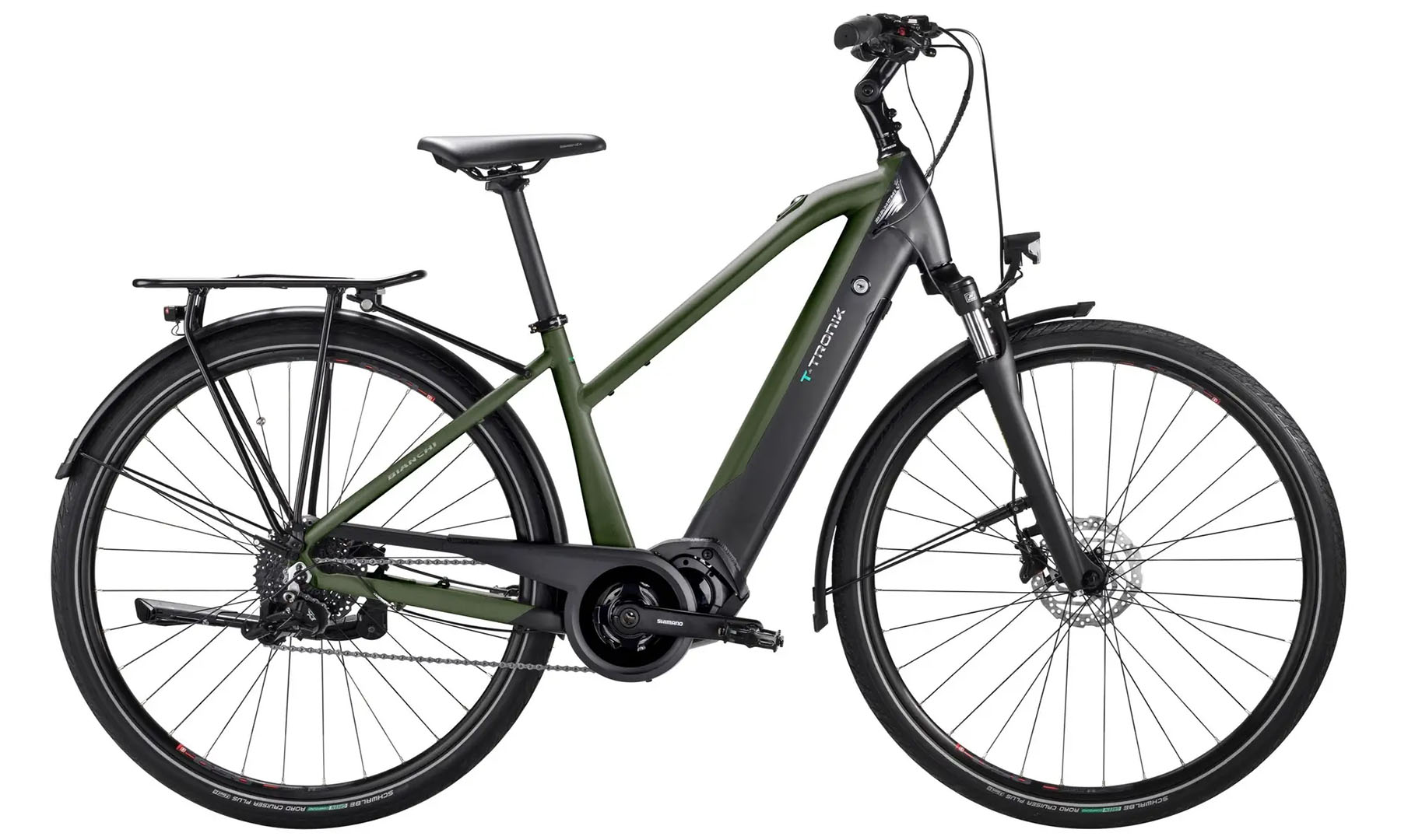 Фотографія Велосипед BIANCHI E-bike T-Tronik T Sunrace 9s E6100 Disc Green/Dark Graphite/Matt 51