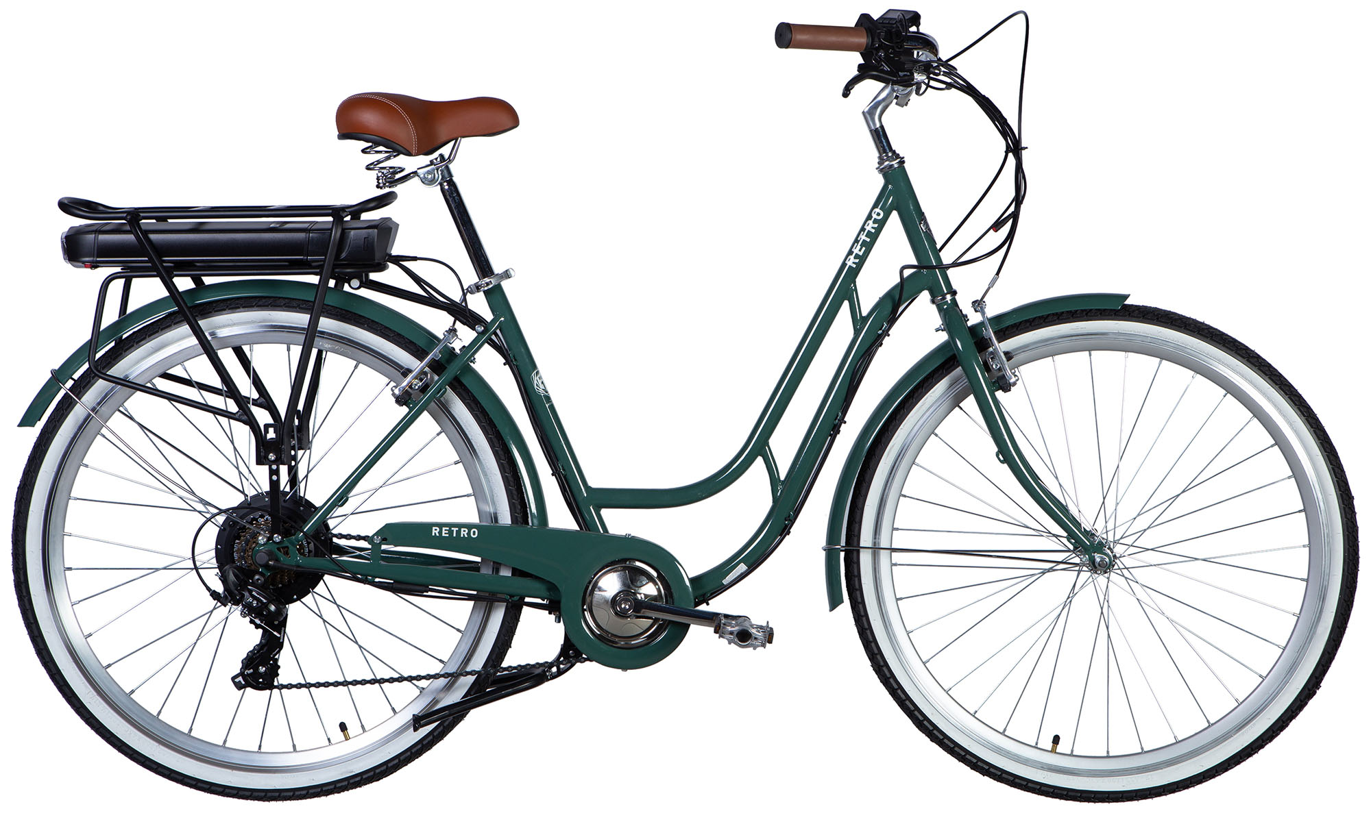 Велосипед с электроприводом Dorozhnik eRETRO Vbr FR 28", размер L, рама-19", 36B, 12.5А*ч, 500Вт, год 2025, зелено-серый 