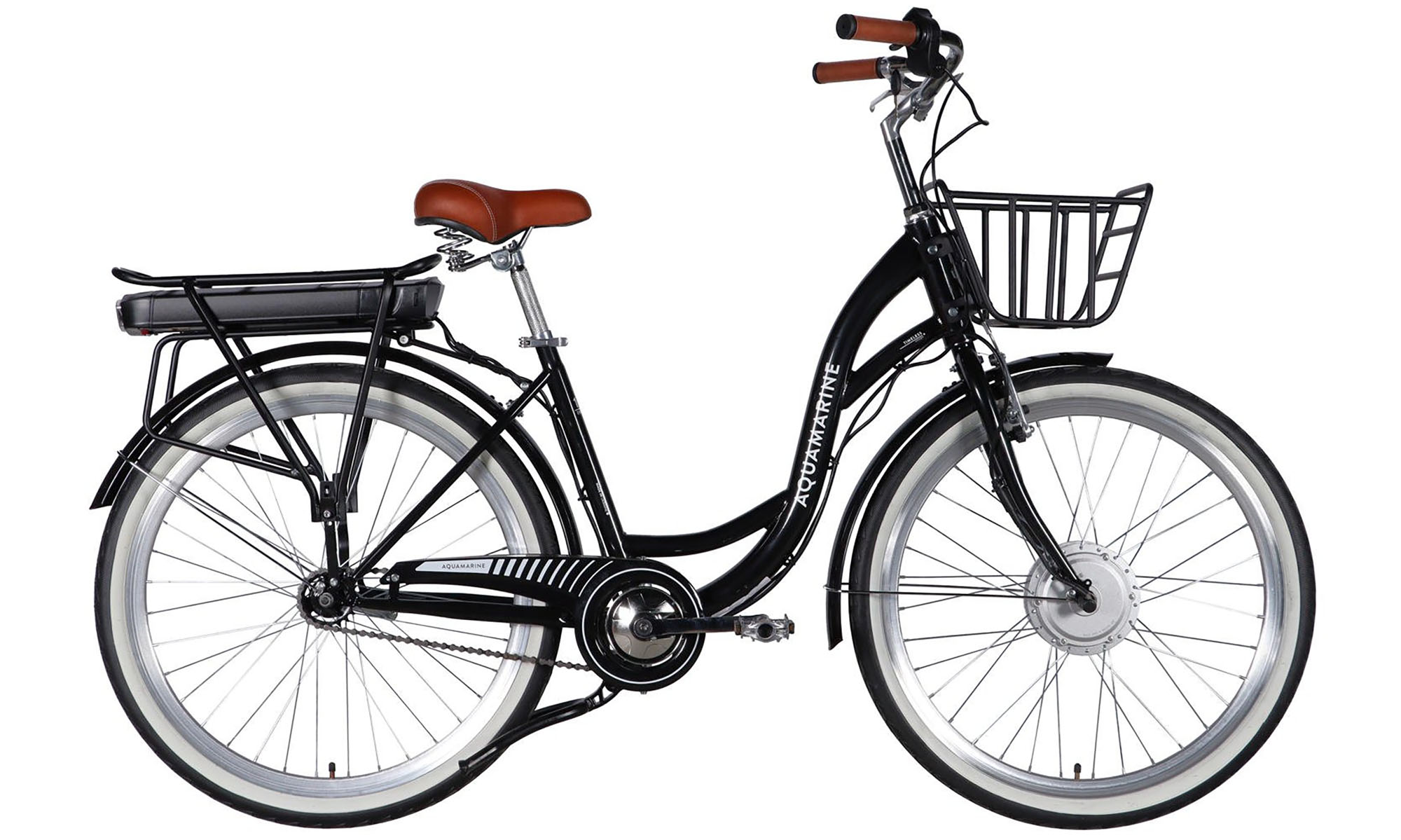 Велосипед с электроприводом Dorozhnik eAQUAMARINE BH 26", размер M, рама-17", 36B, 13А*ч, 500Вт, год 2026, черный с корзиной 