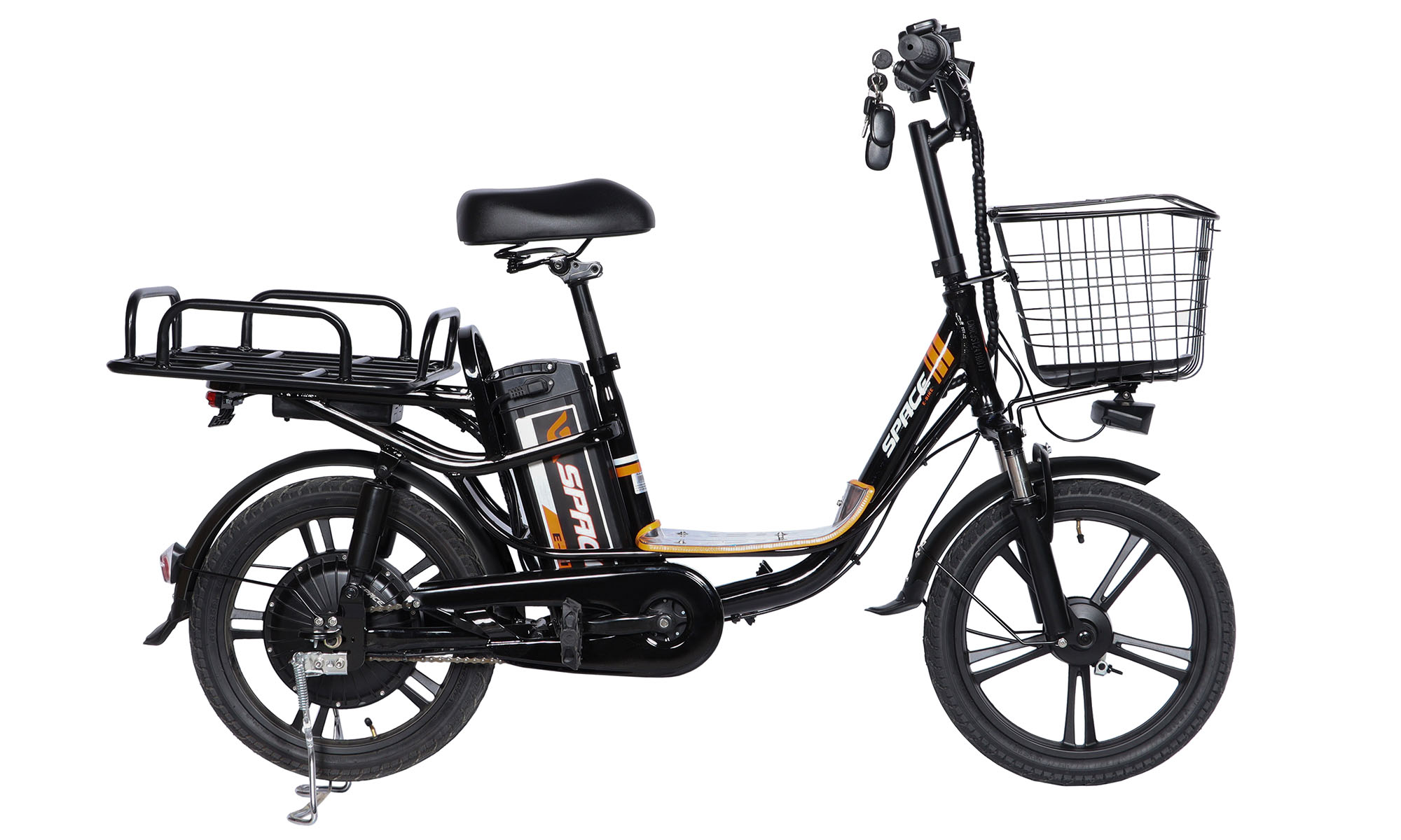 Велосипед з електроприводом SPACE eELDORADO DD FR 18", розмір S, рама 15", 48B, 15А*г, 1000Вт, рік 2026, чорно-помаранчевий