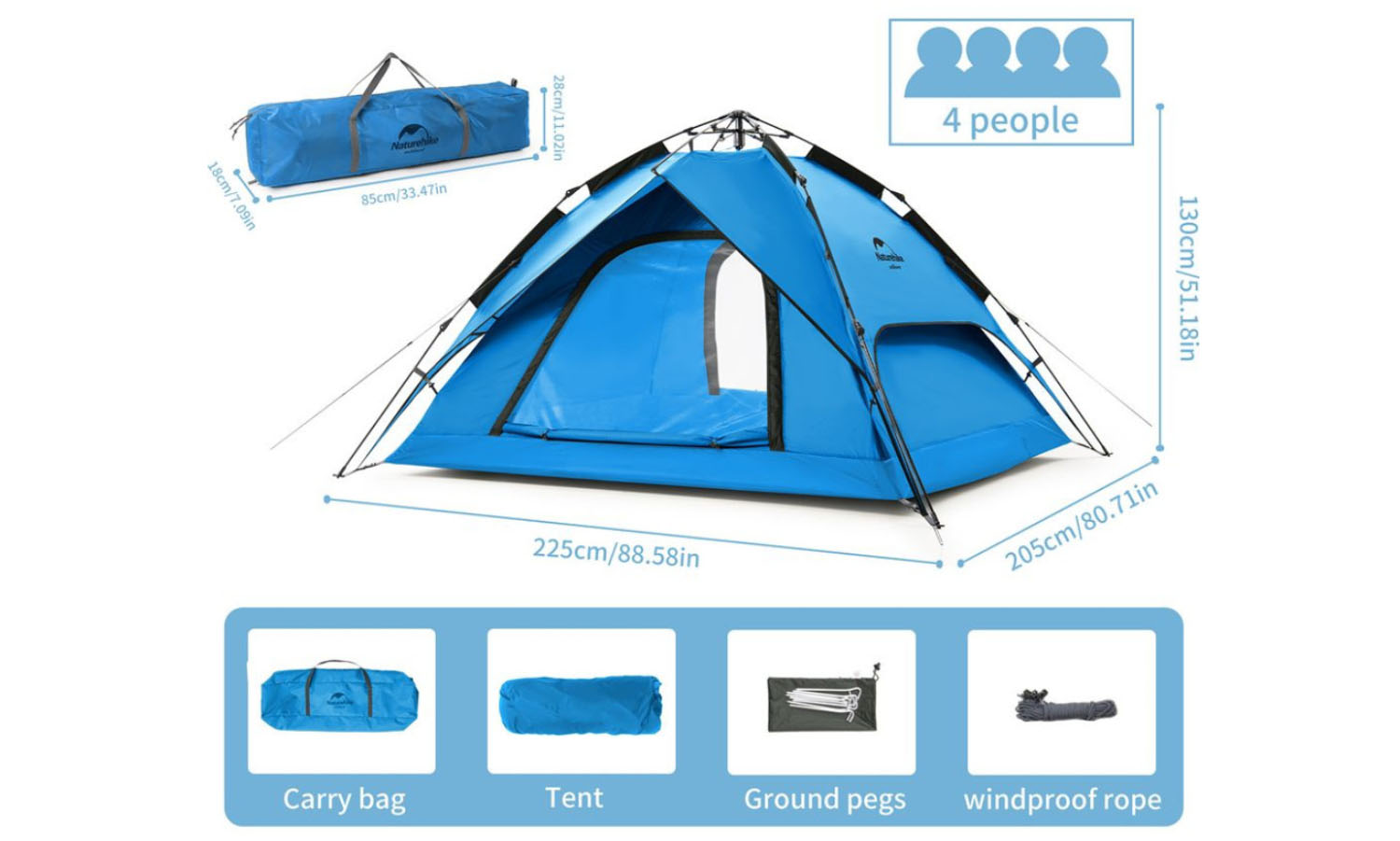 Фотография Палатка четырехместная автоматическая Naturehike Automatic IV (NH21ZP008) голубая 6