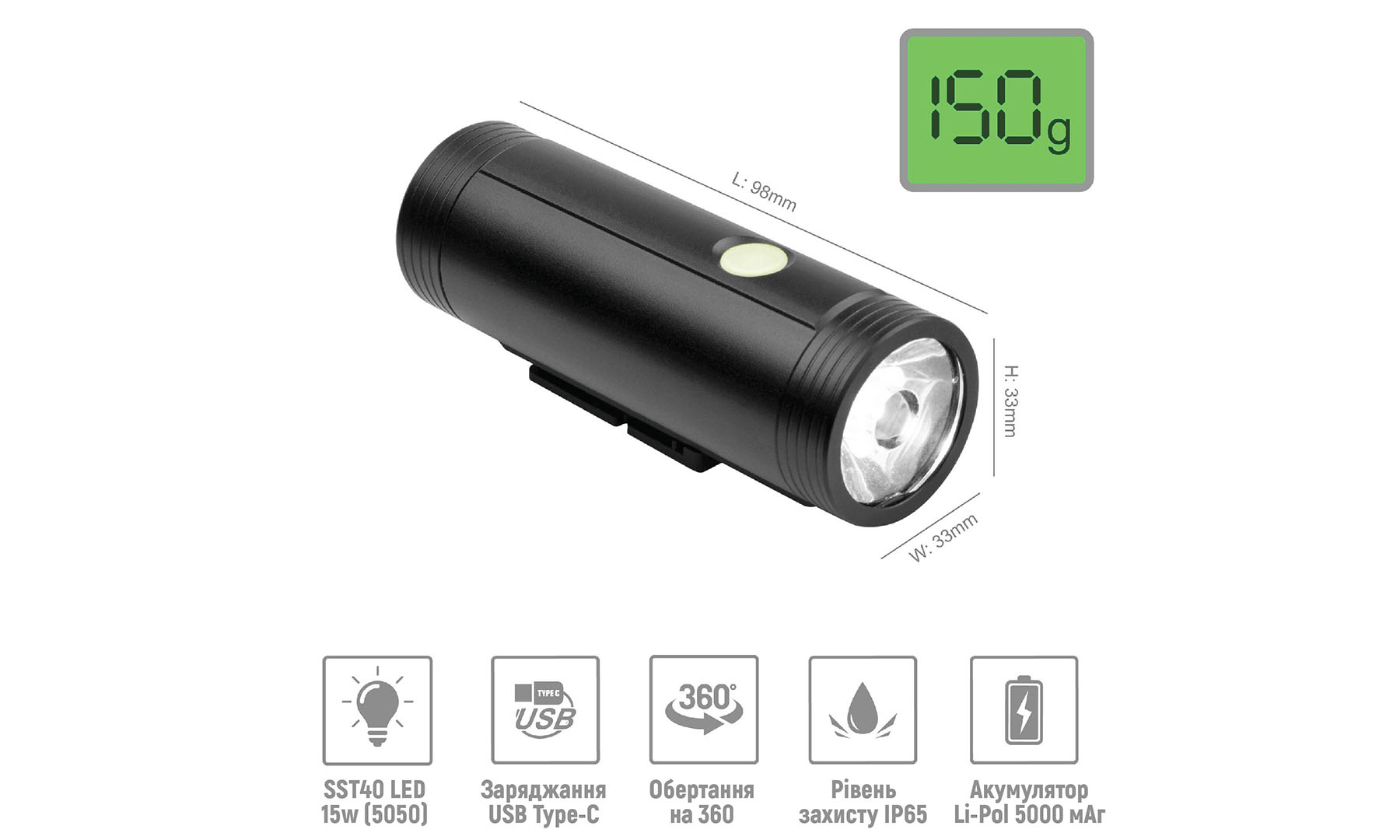 Велосипедная фара ONRIDE Cylindr (1000 lm, 5000 mAh, Type-C) 2 Велосипедная фара ONRIDE Cylindr (1000 lm, 5000 mAh, Type-C) 2