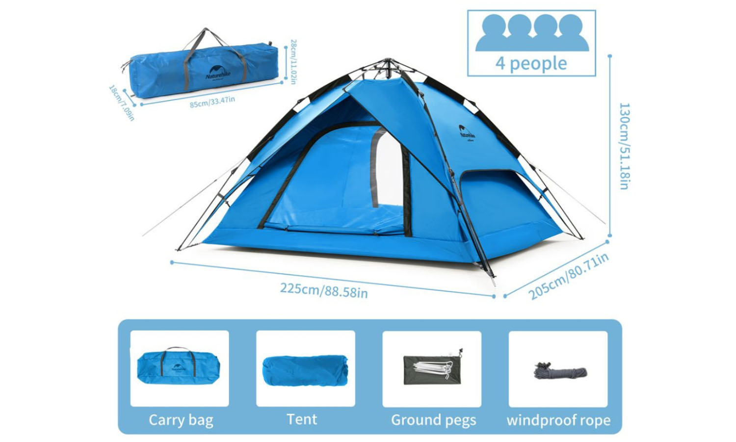 Фотографія Намет чотиримісний автоматичний Naturehike Automatic IV (NH21ZP008) блакитний 6