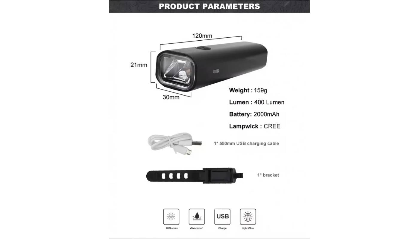 Ліхтар передній BLT184 USB 400Lm, чорний 2 Ліхтар передній BLT184 USB 400Lm, чорний 2